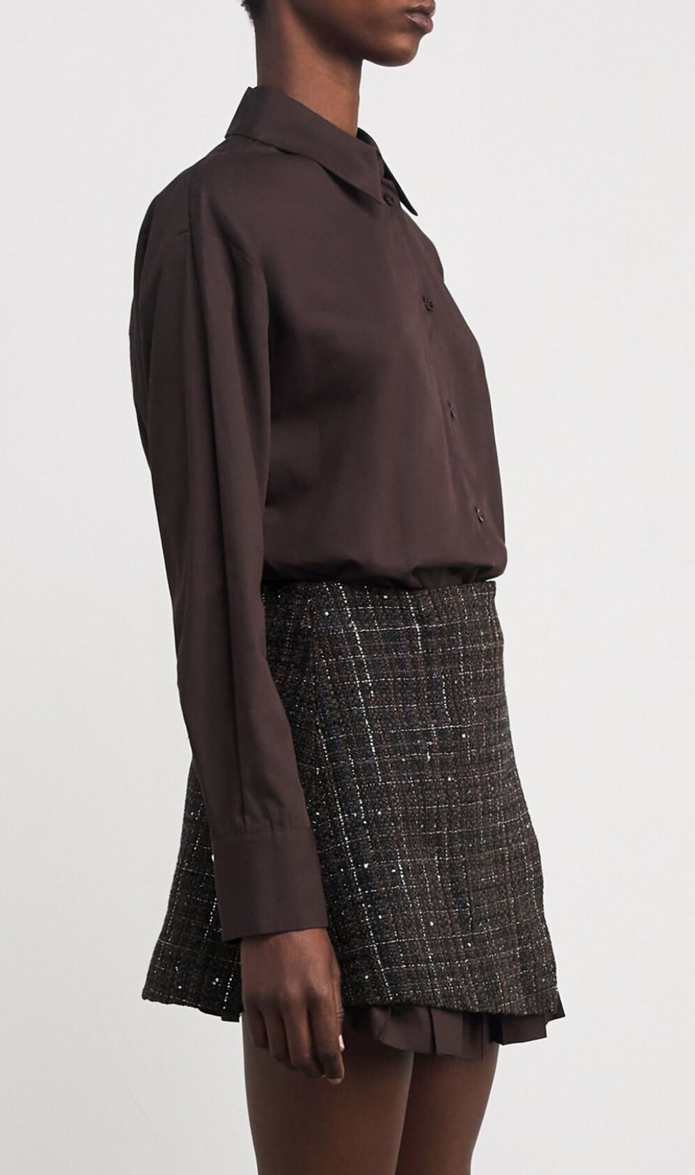 Chic Tweed Asymmetrical Mini Shirtdress | Layered Ruffle Design