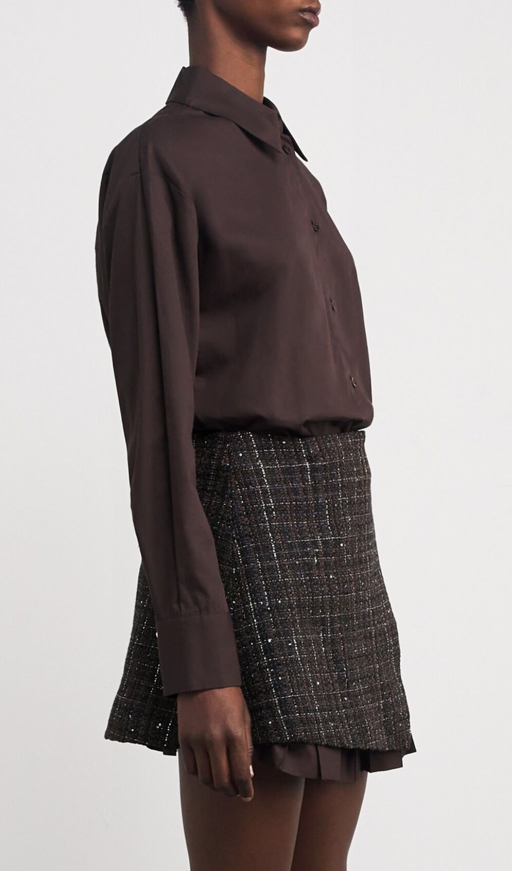 Chic Tweed Asymmetrical Mini Shirtdress | Layered Ruffle Design