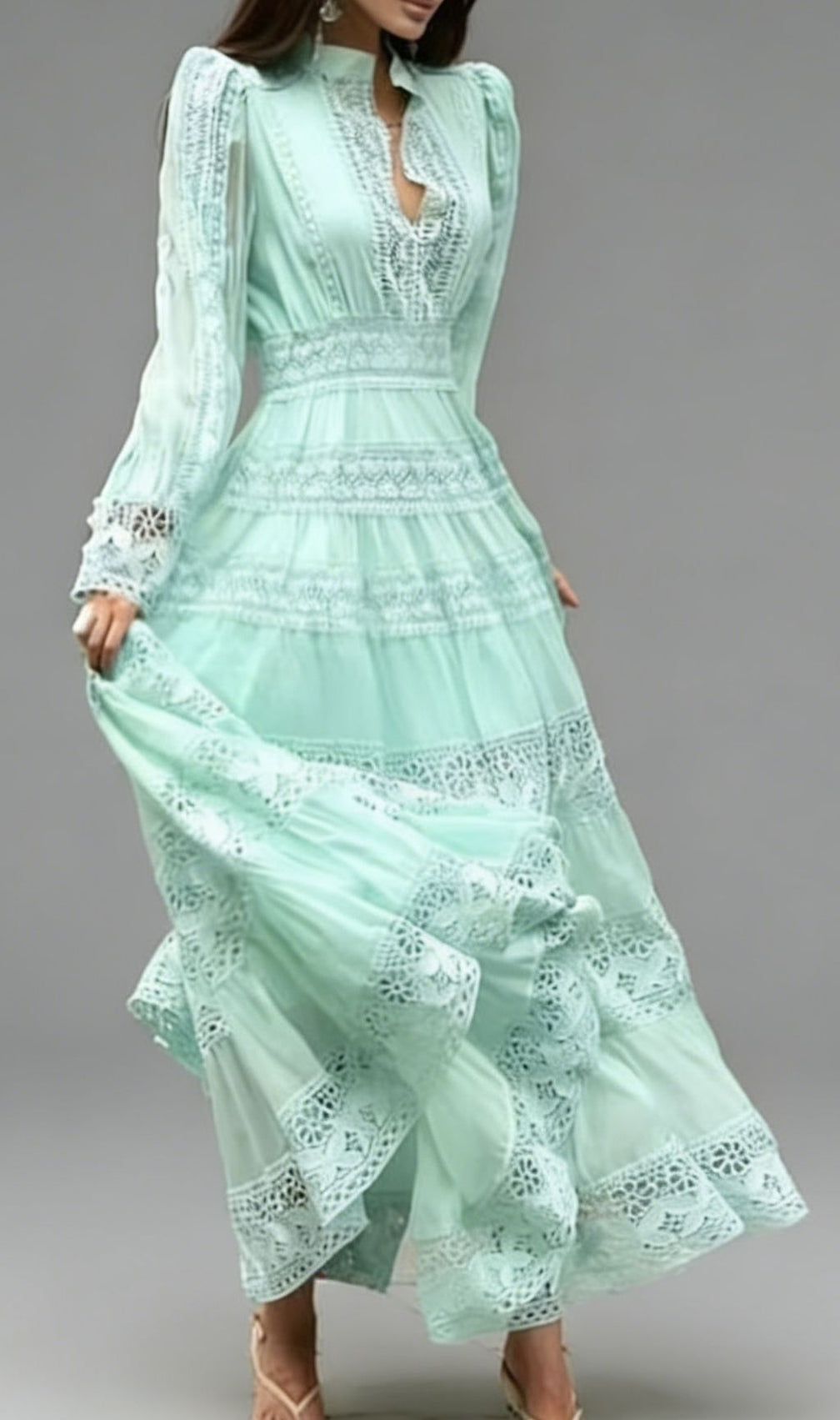 Kamara Ethereal Mint Green Lace Maxi Dress - Long Sleeve Tiered Gown