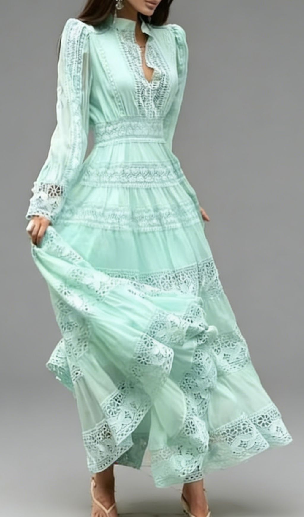 Kamara Ethereal Mint Green Lace Maxi Dress - Long Sleeve Tiered Gown