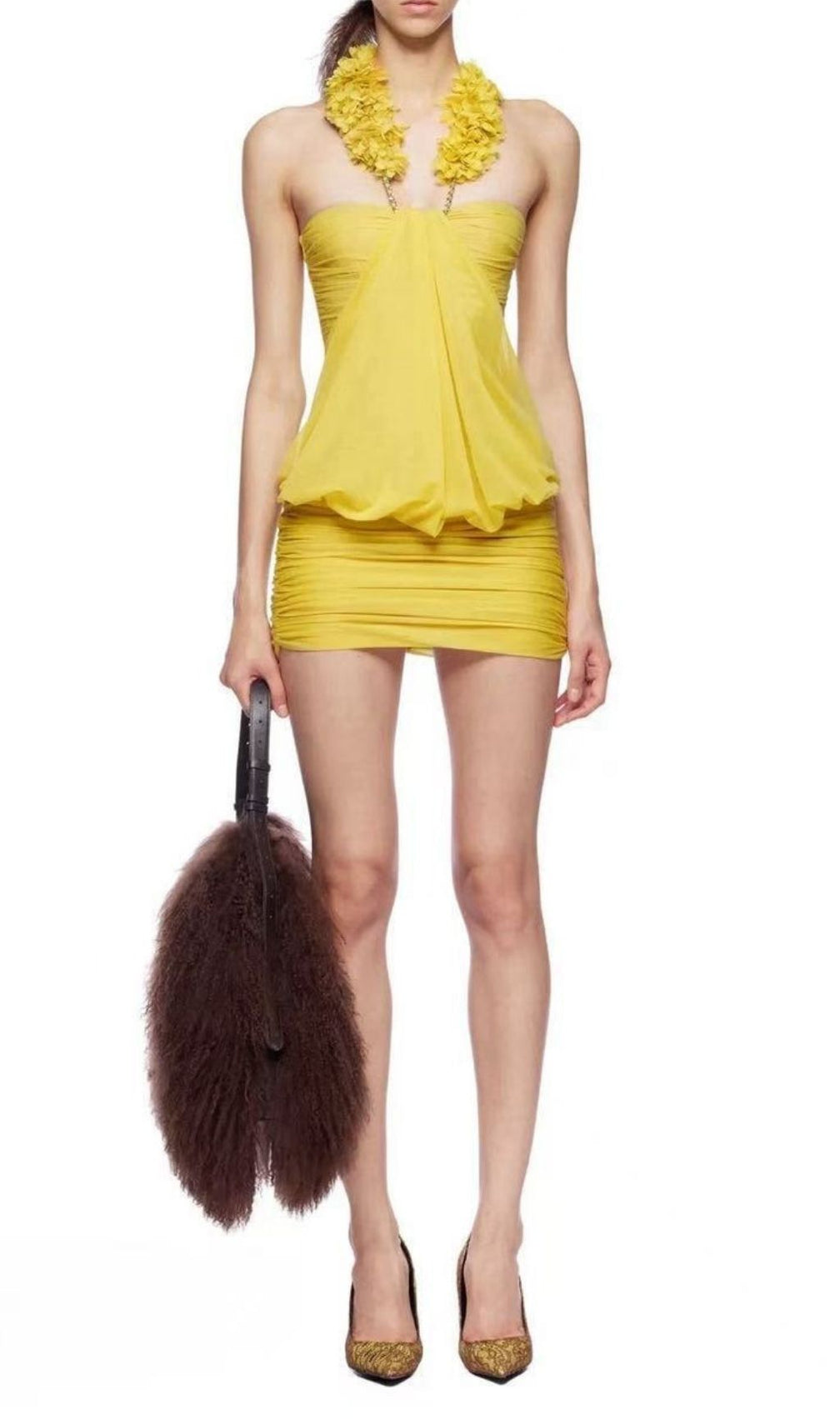 Keren Yellow Halter Ruched Mini Dress | Women's Chic Summer Party & Vacation Style