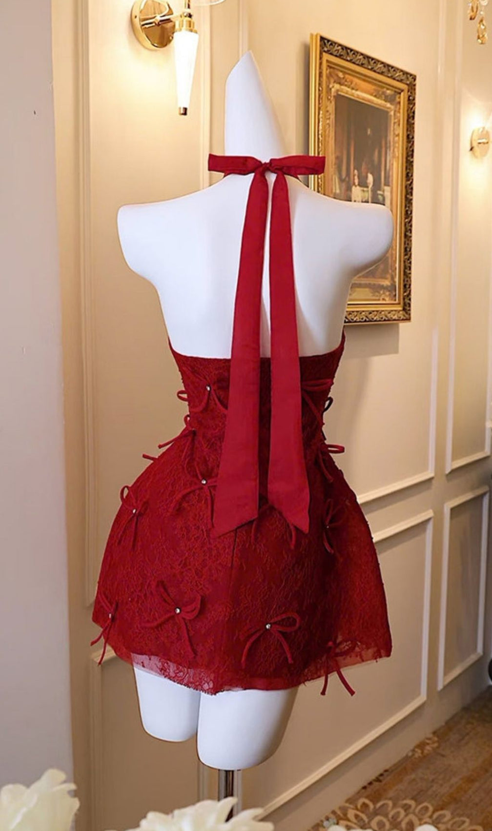 Kanon Enchanting Red Lace Halter Mini Dress with Dazzling Bows