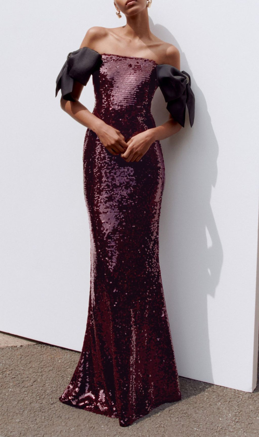 Jurek Sequin Off-Shoulder Bow Maxi Gown - Glamorous Formal Dress