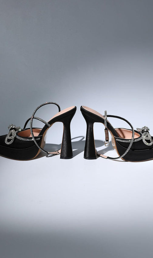 Bow Crystal Satin Heels In Black