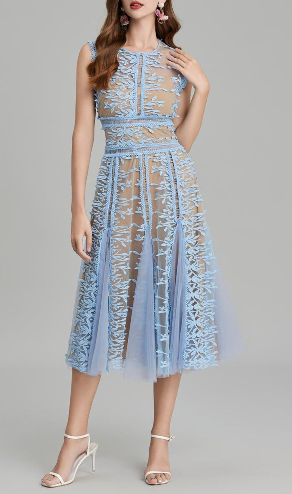 Audrianna Blue Embroidery Mesh Midi Dress