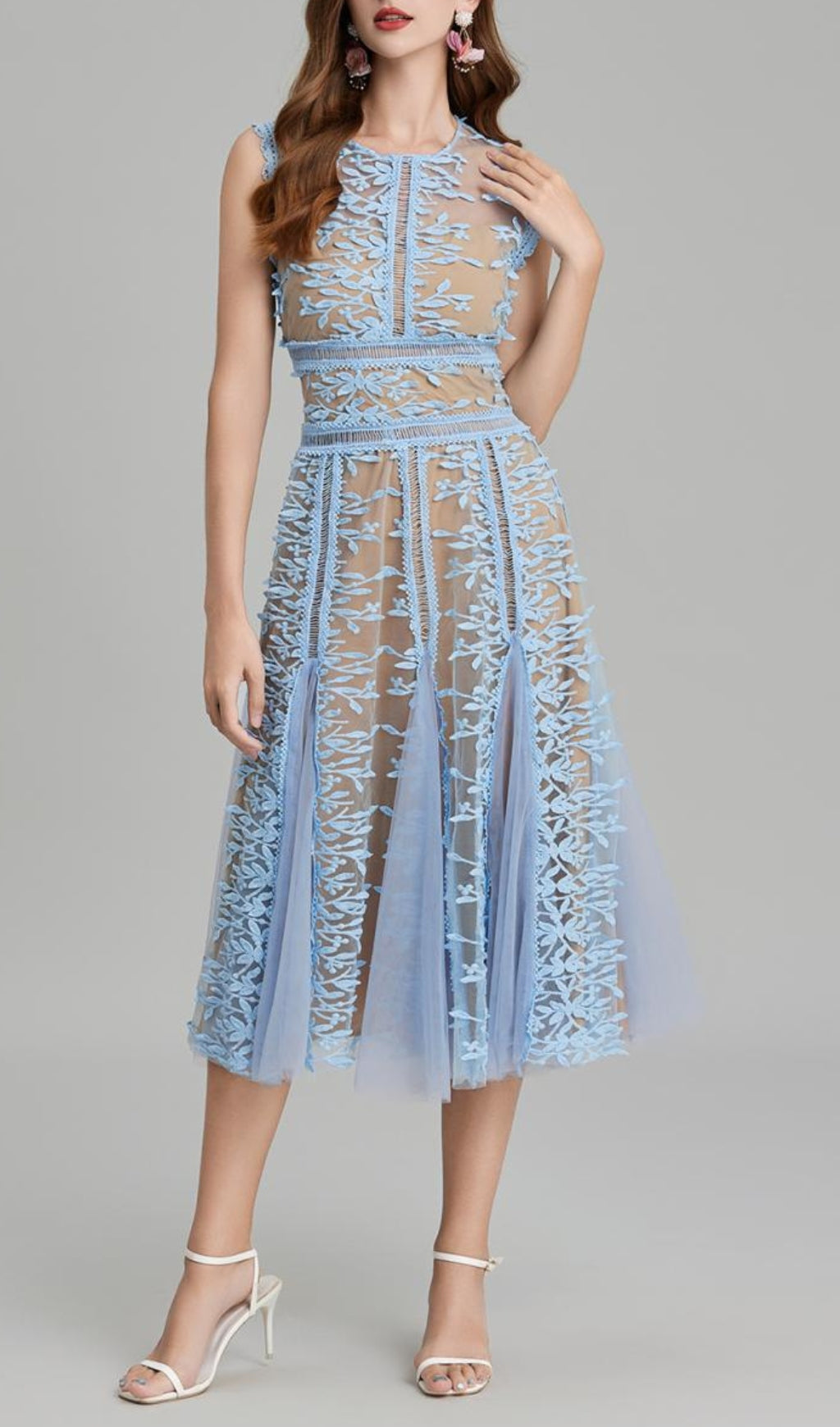 Audrianna Blue Embroidery Mesh Midi Dress