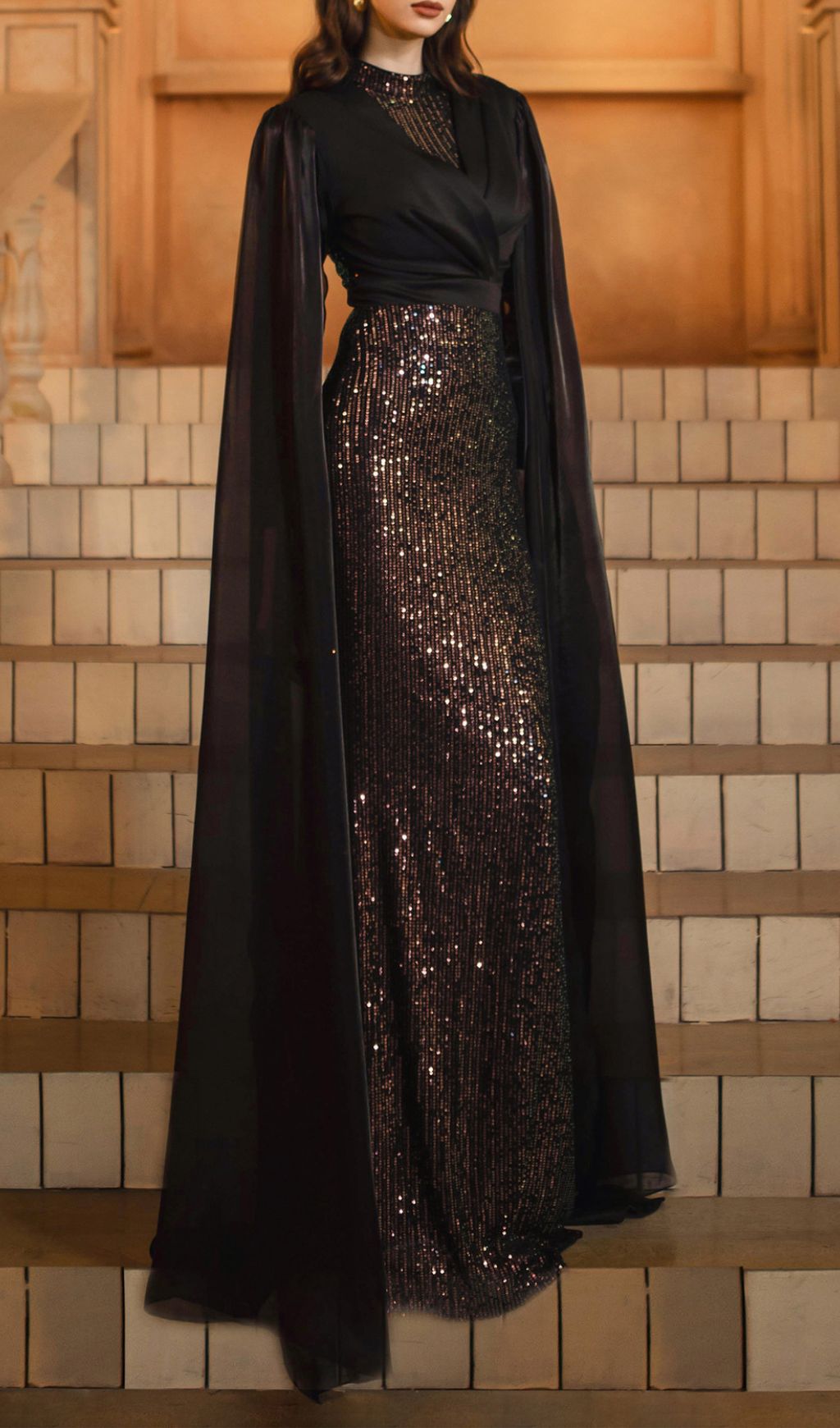 Folami Sequin Mesh Sleeve Maxi Dress