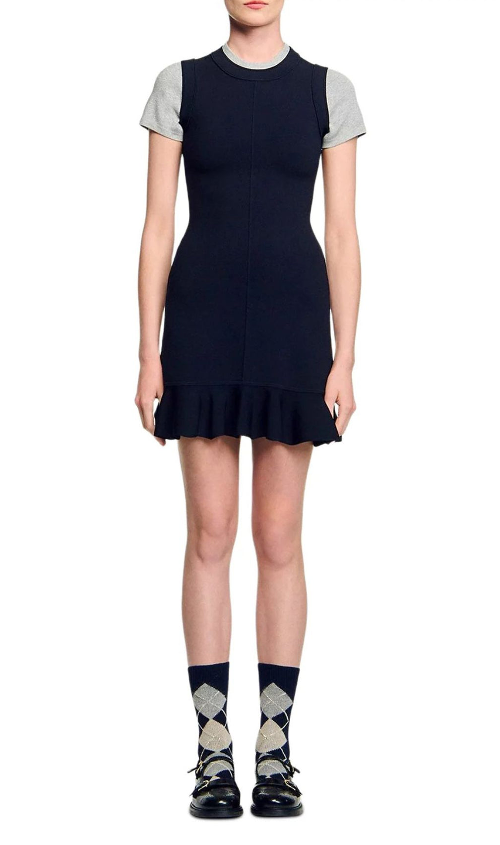 Chic Contrast Trim Short Sleeve Knit Dress | Ruffle Hem Mini Style