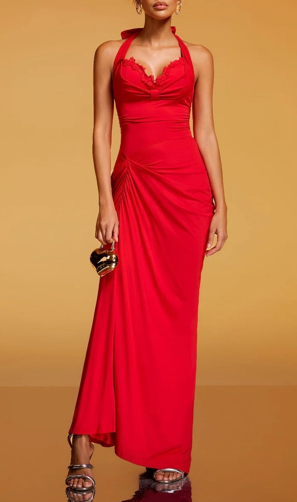 Rethik Halterneck Ruched Maxi Dress - Elegant Red Gown with High Split