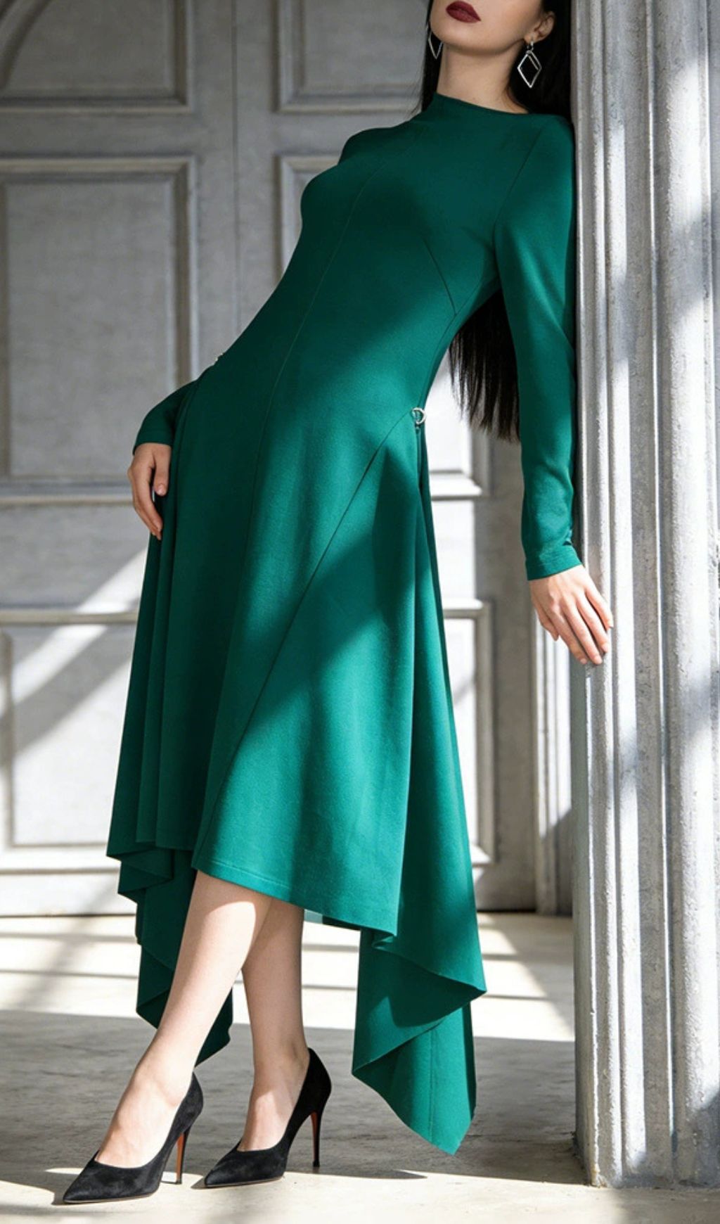 Johnna Emerald Green Asymmetrical Midi Dress - Long Sleeve Sophistication