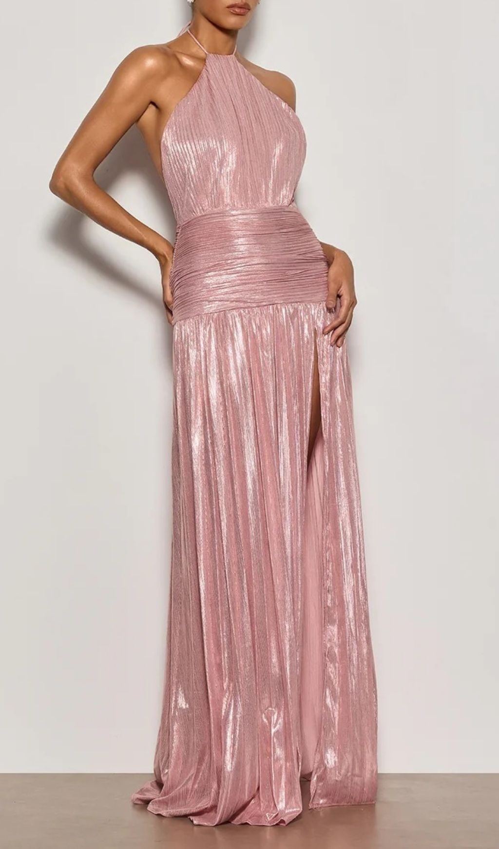 Syriona Glamorous Pink Metallic Halterneck Maxi Dress with High Split