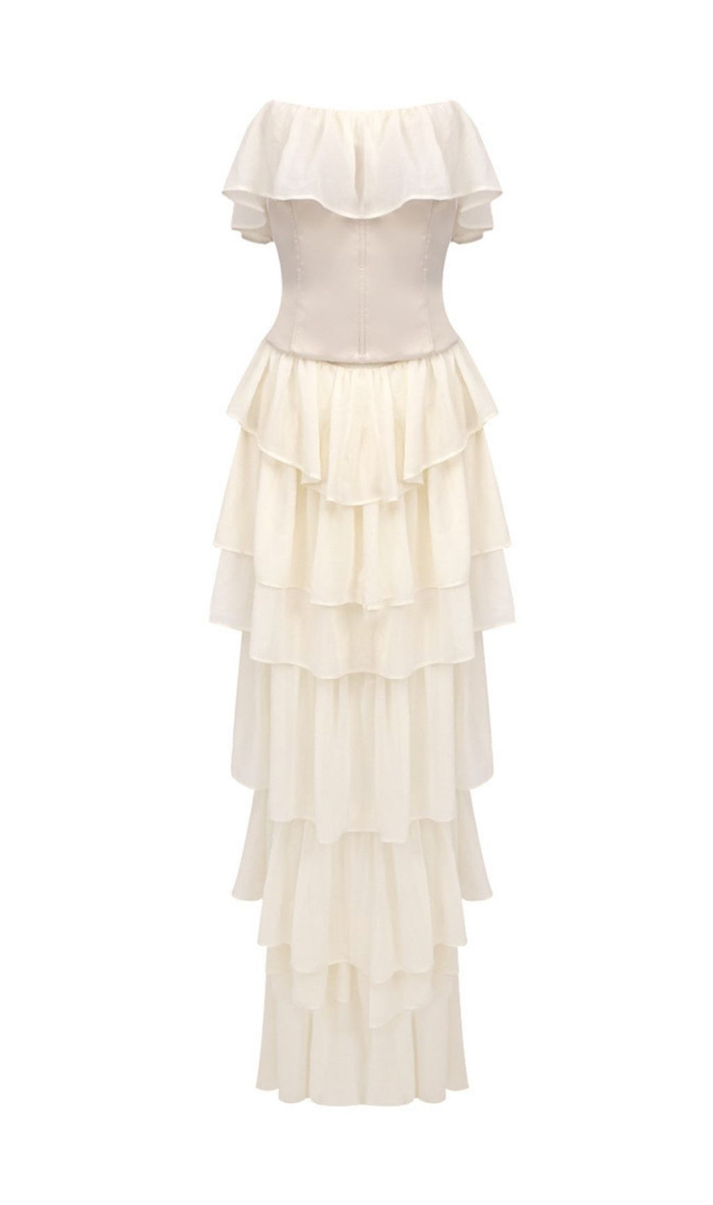 Angelie Romantic Ruffle Corset Maxi Dress - Elegant Tiered Chiffon Gown