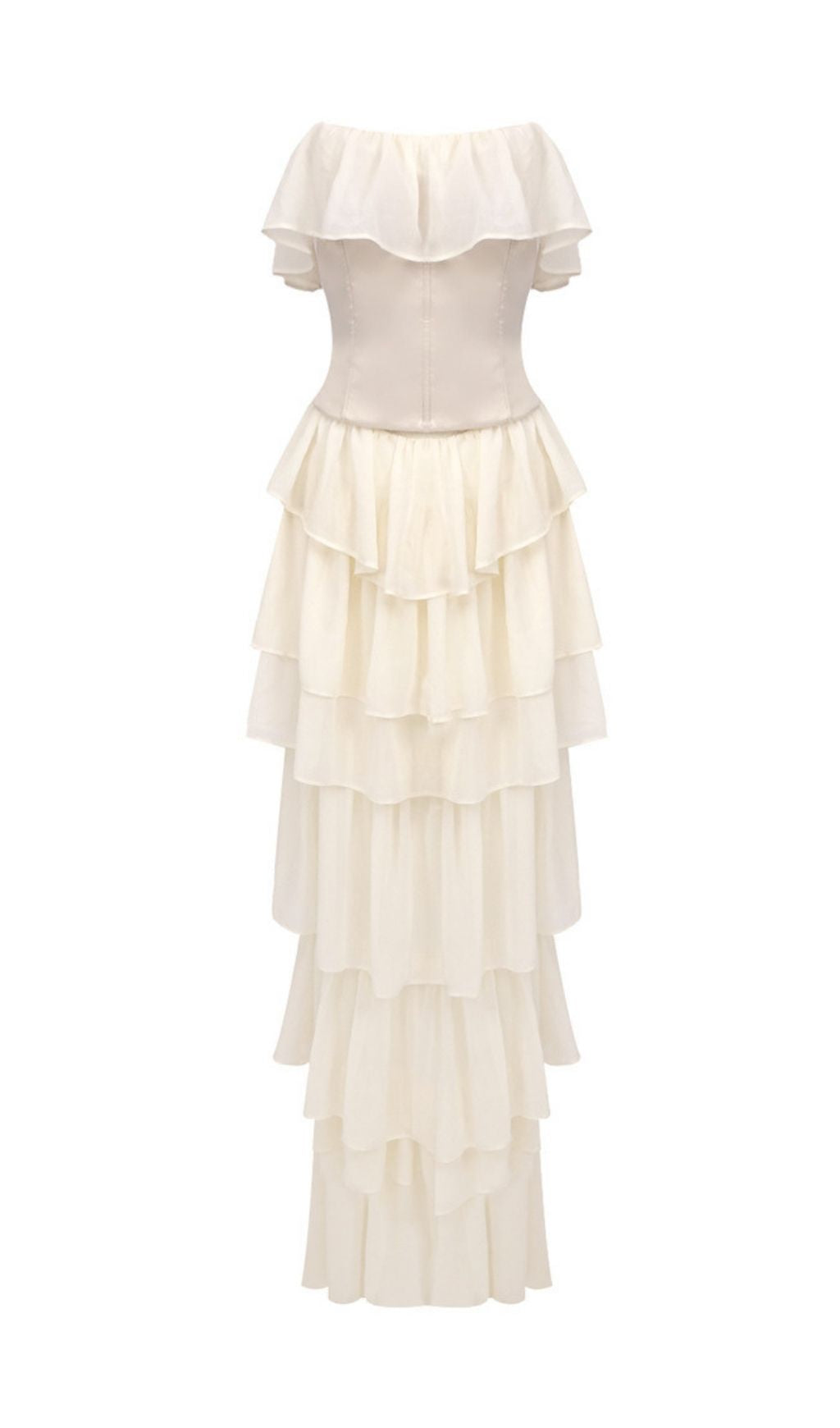 Angelie Romantic Ruffle Corset Maxi Dress - Elegant Tiered Chiffon Gown