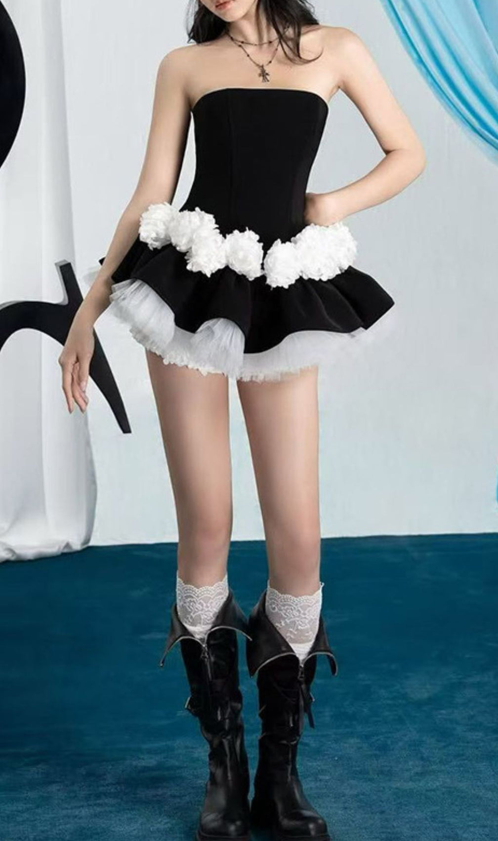 Ismeria Black Strapless Pompom & Tulle Mini Set – Edgy Coquette Style for Women