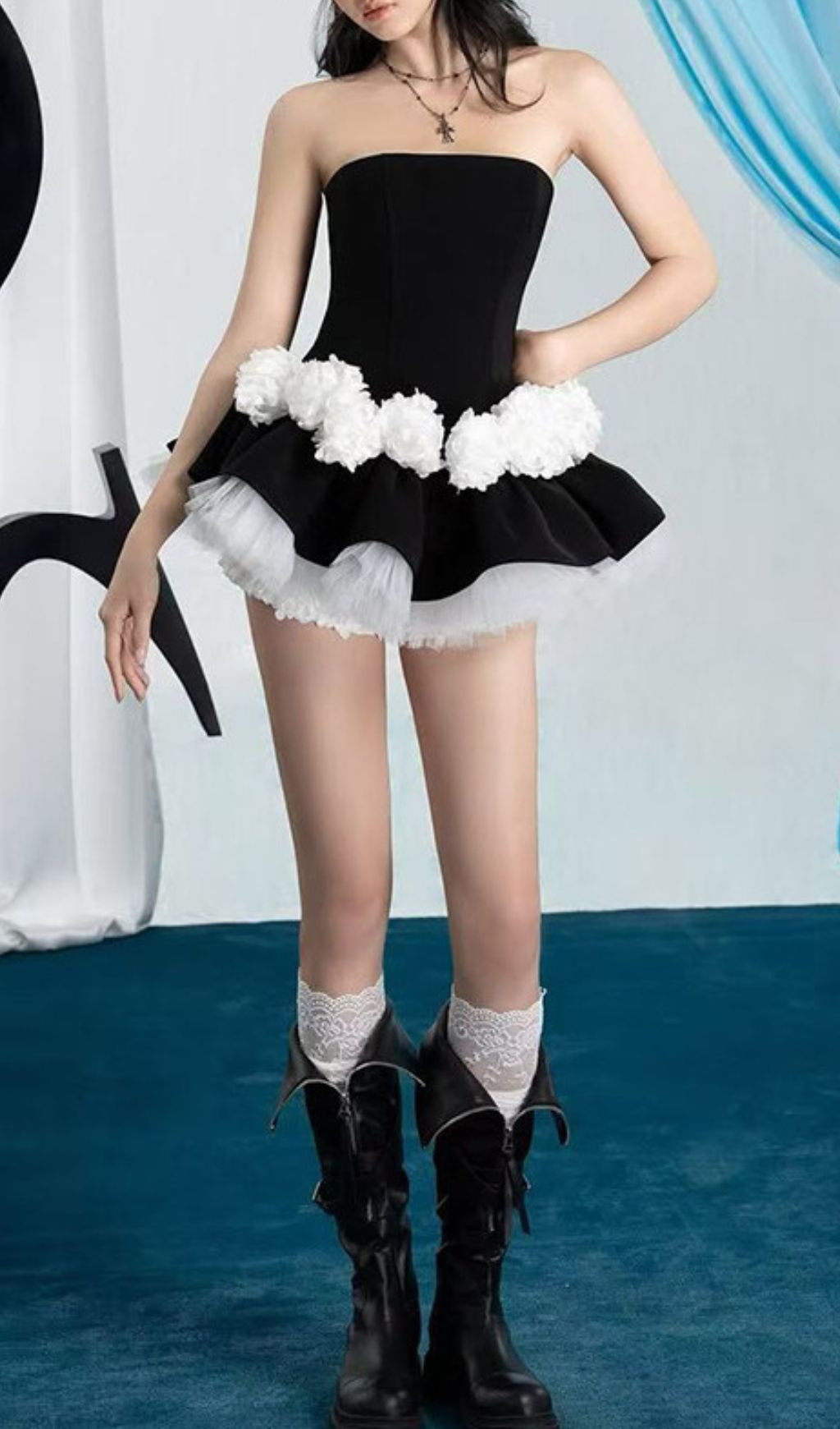 Ismeria Black Strapless Pompom & Tulle Mini Set – Edgy Coquette Style for Women