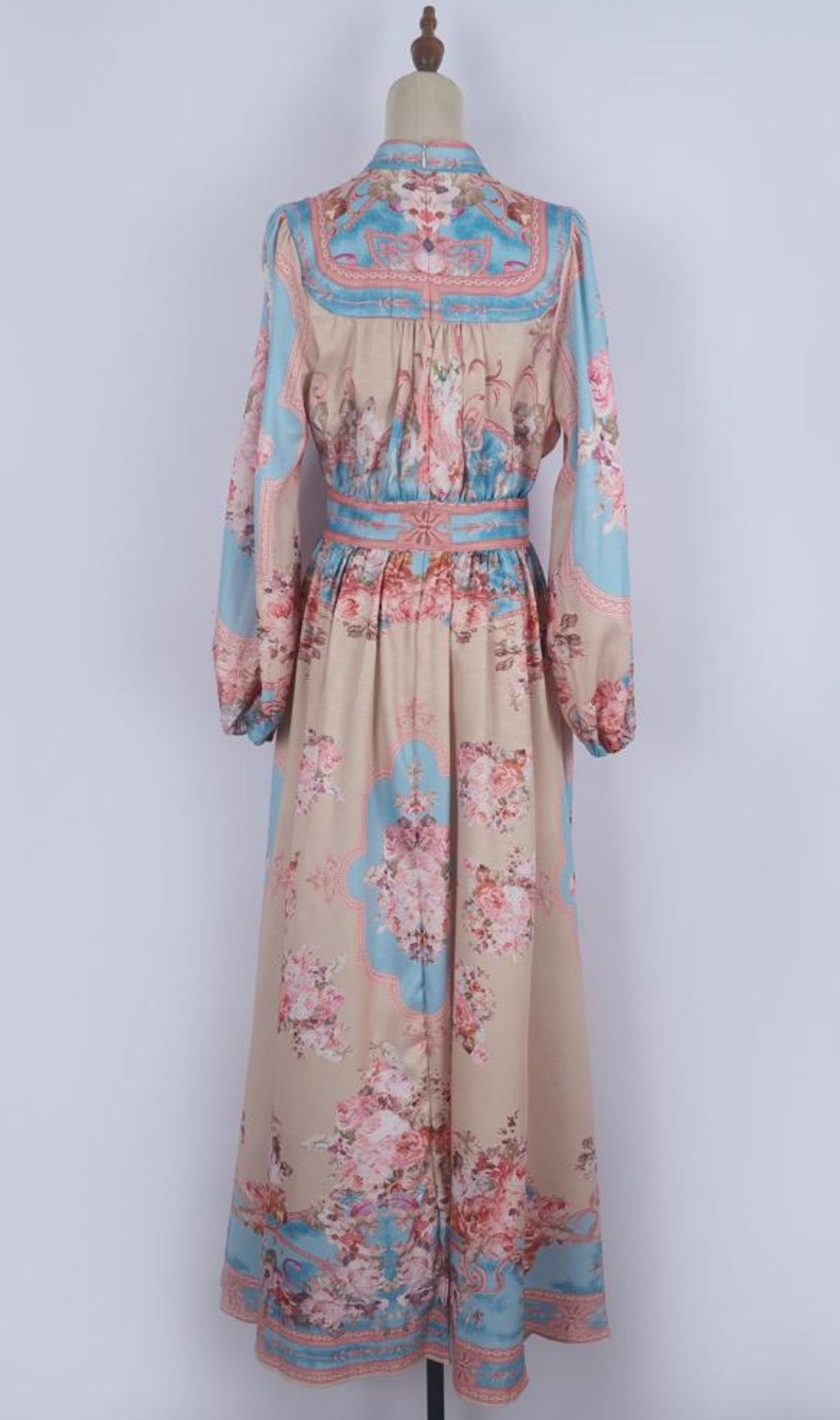 Kamillia Romantic Blue & Pink Floral Long Sleeve Maxi Dress | Garden Elegance