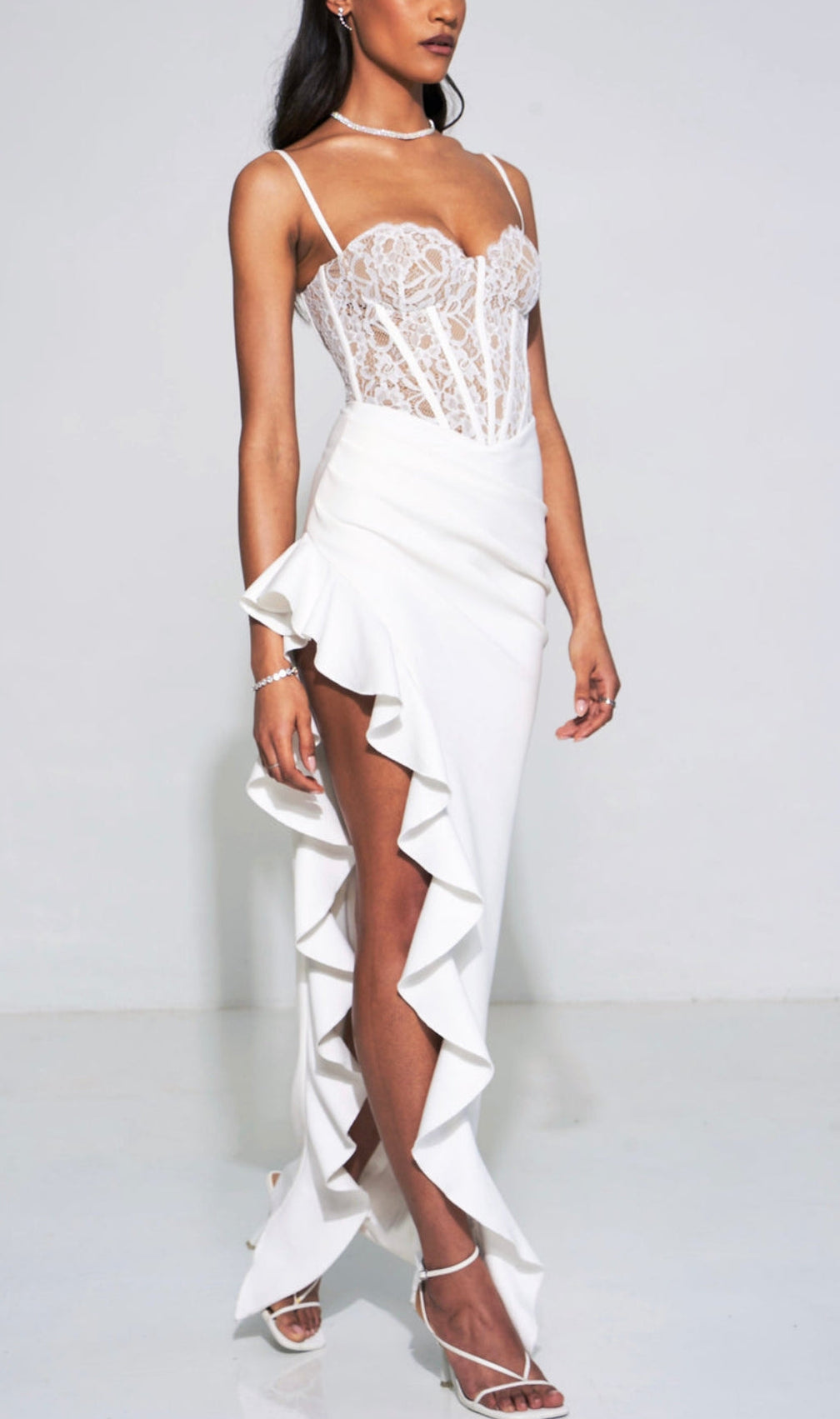 Arlette Lace Asymmetric Ruffle Midi Dress