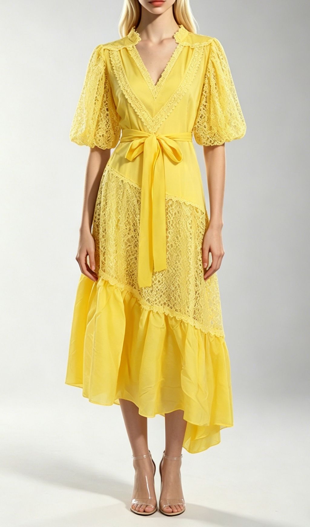 Klara Yellow Puff Sleeve Lace Midi Dress