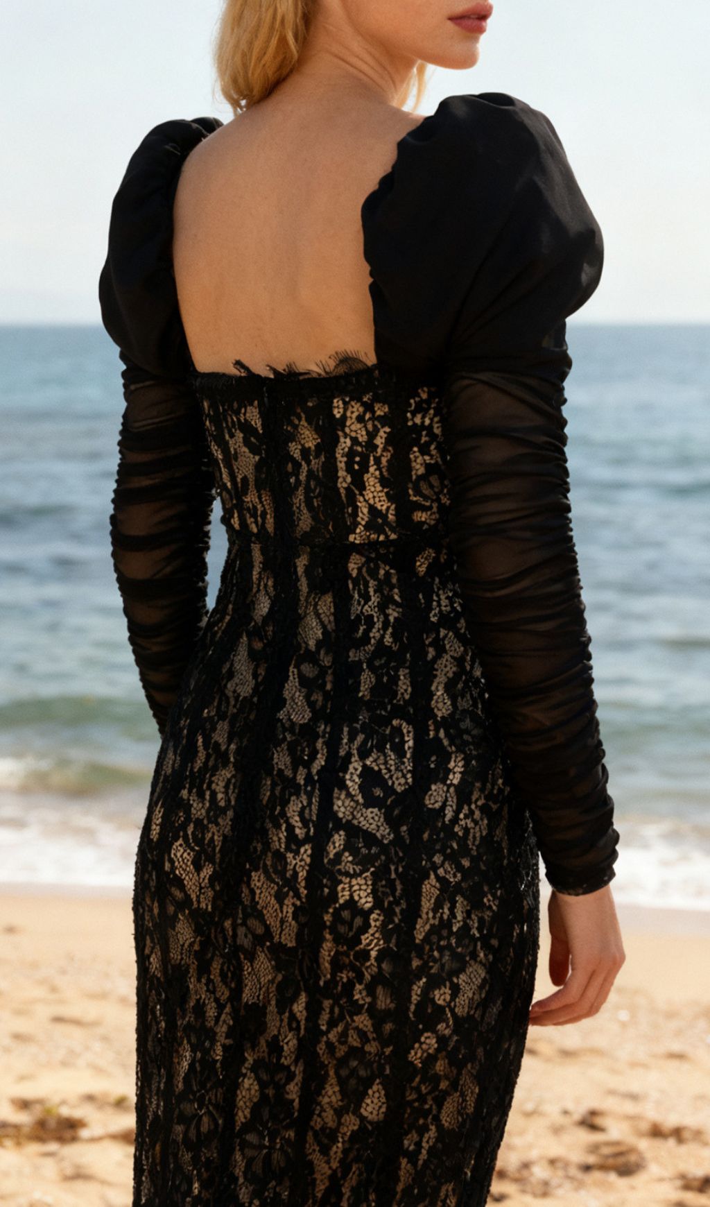 Jordane Black Lace Long Sleeve Maxi Dress - Elegant Evening Gown for Women