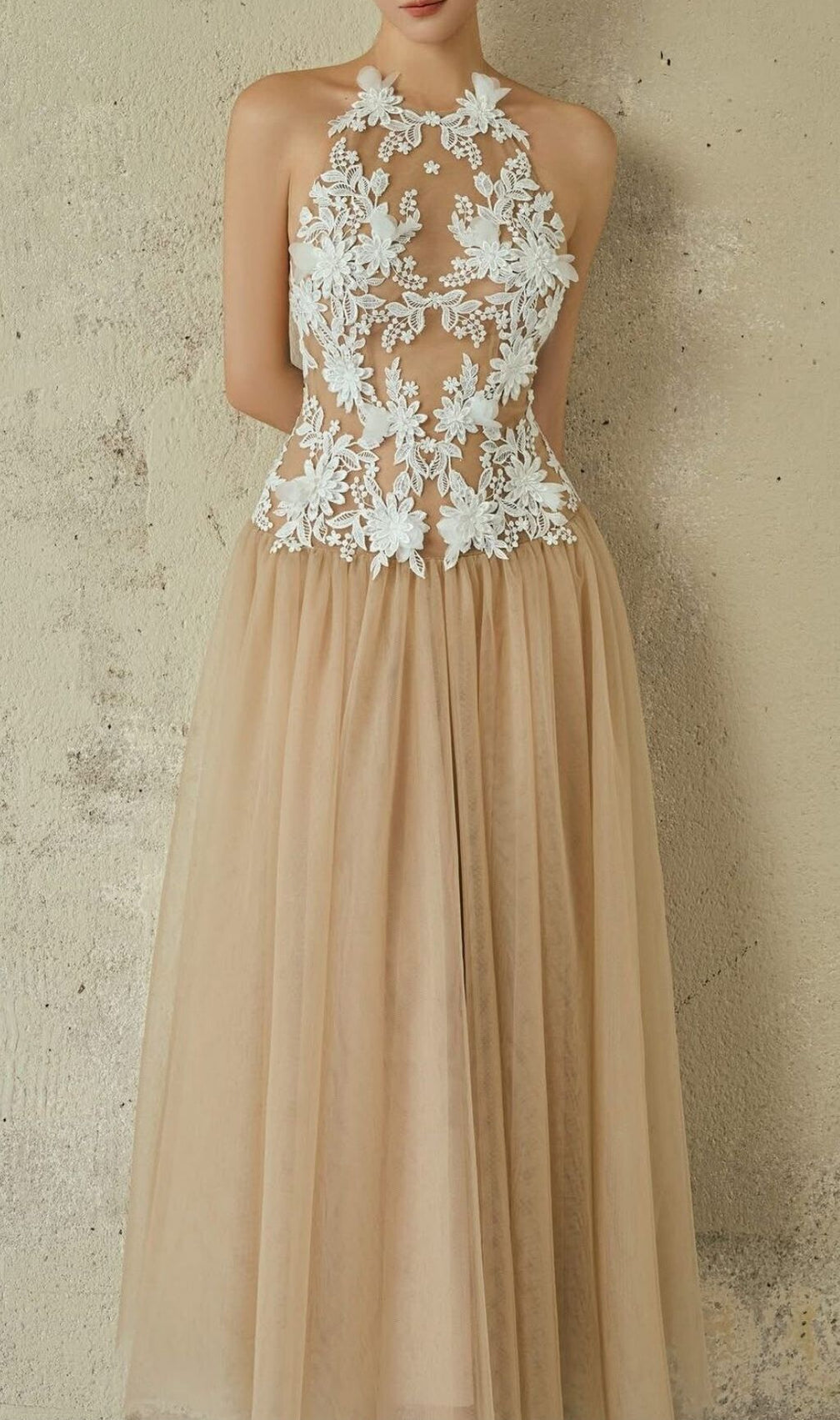 Katsuro Illusion Floral Lace Halter Maxi Gown - Ethereal Evening & Wedding Dress