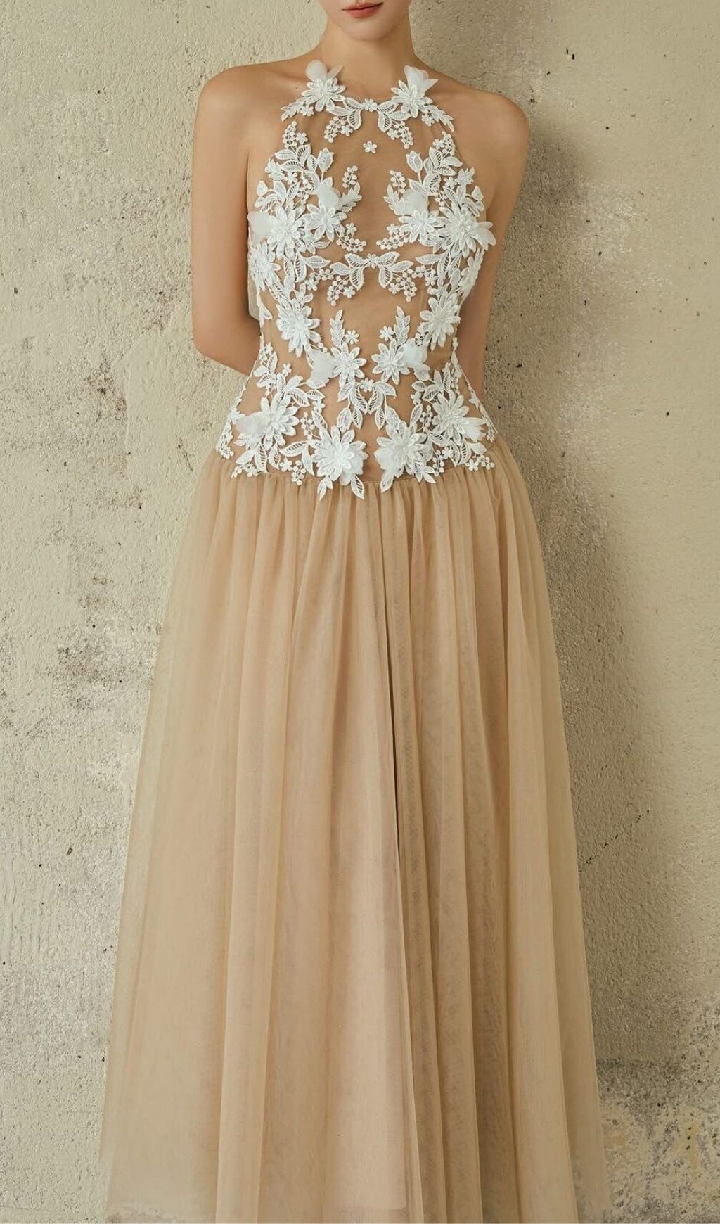 Katsuro Illusion Floral Lace Halter Maxi Gown - Ethereal Evening & Wedding Dress