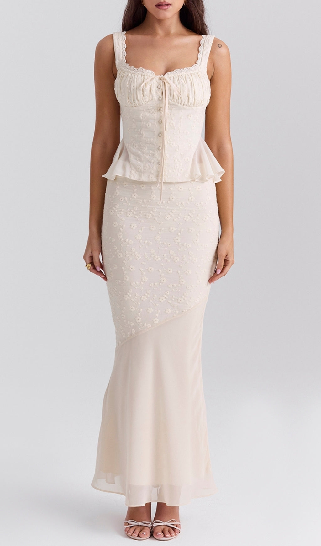 Bian Vintage Cream Cotton Broderie Anglais Maxi Skirt Set