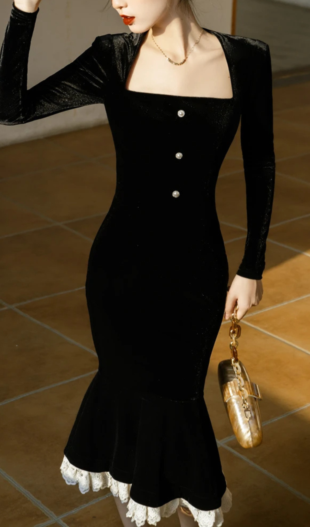 Ayda Ruffle Hem Velvet Midi Dress