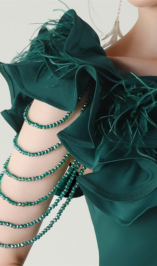 Ijlal Emerald Green One-Shoulder Ruffle Slit Maxi Gown - Elegant Formal Dress