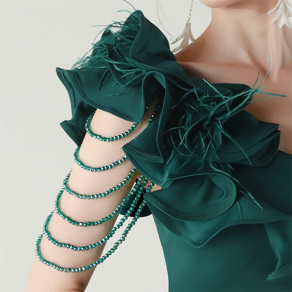 Ijlal Emerald Green One-Shoulder Ruffle Slit Maxi Gown - Elegant Formal Dress