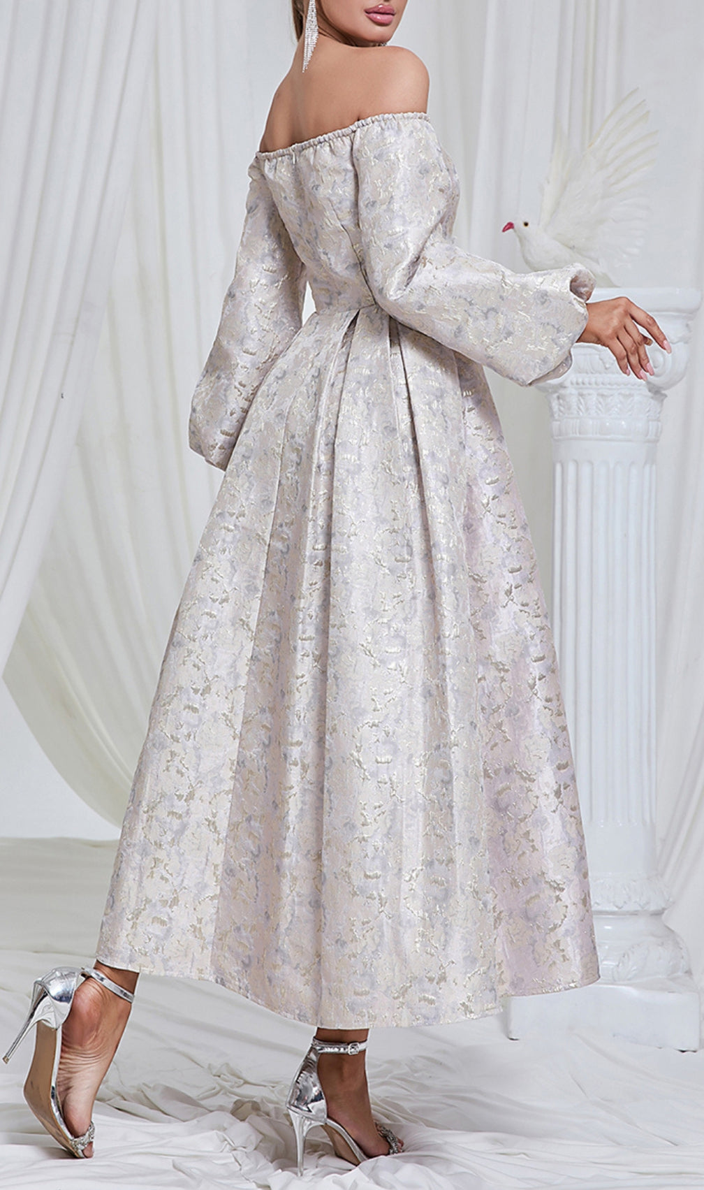 Bell Puff Sleeve Jacquard Maxi Dress