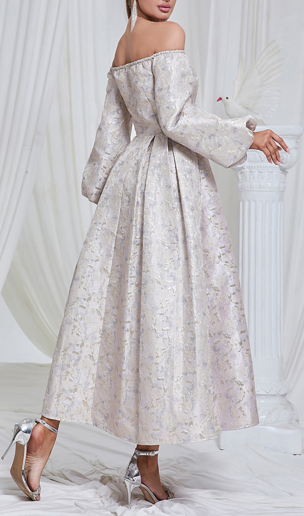 Bell Puff Sleeve Jacquard Maxi Dress