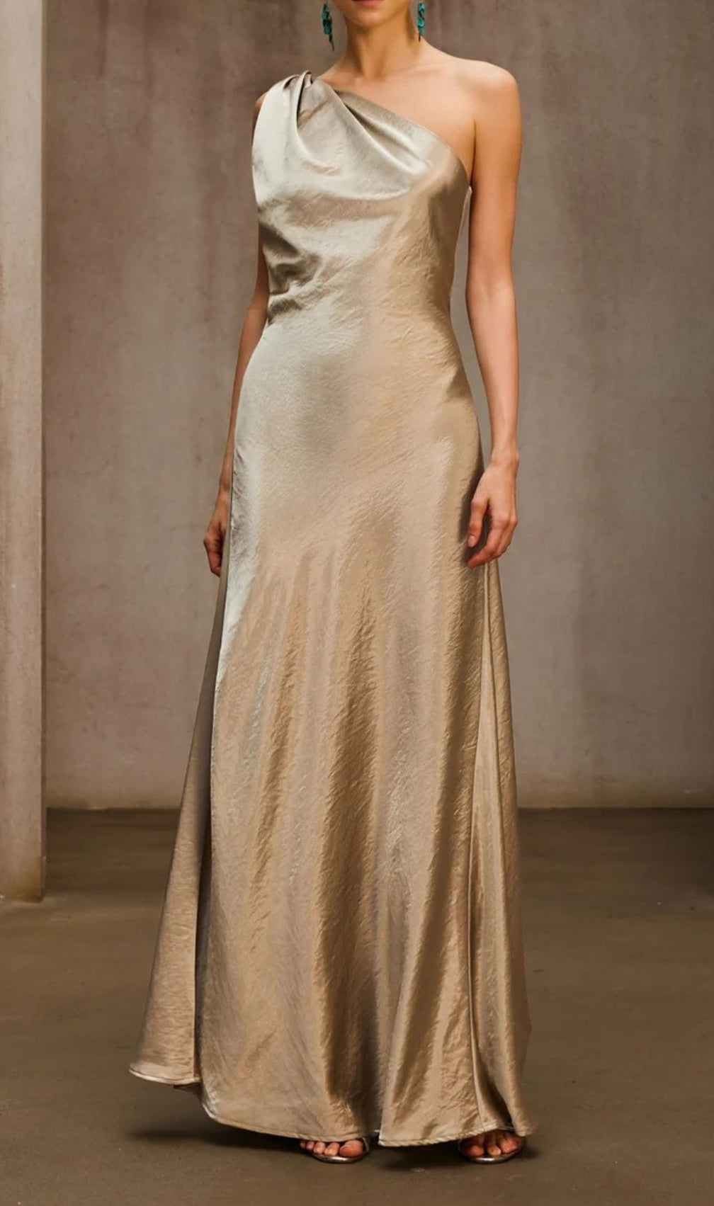 Phaelion Champagne One Shoulder Maxi Dress