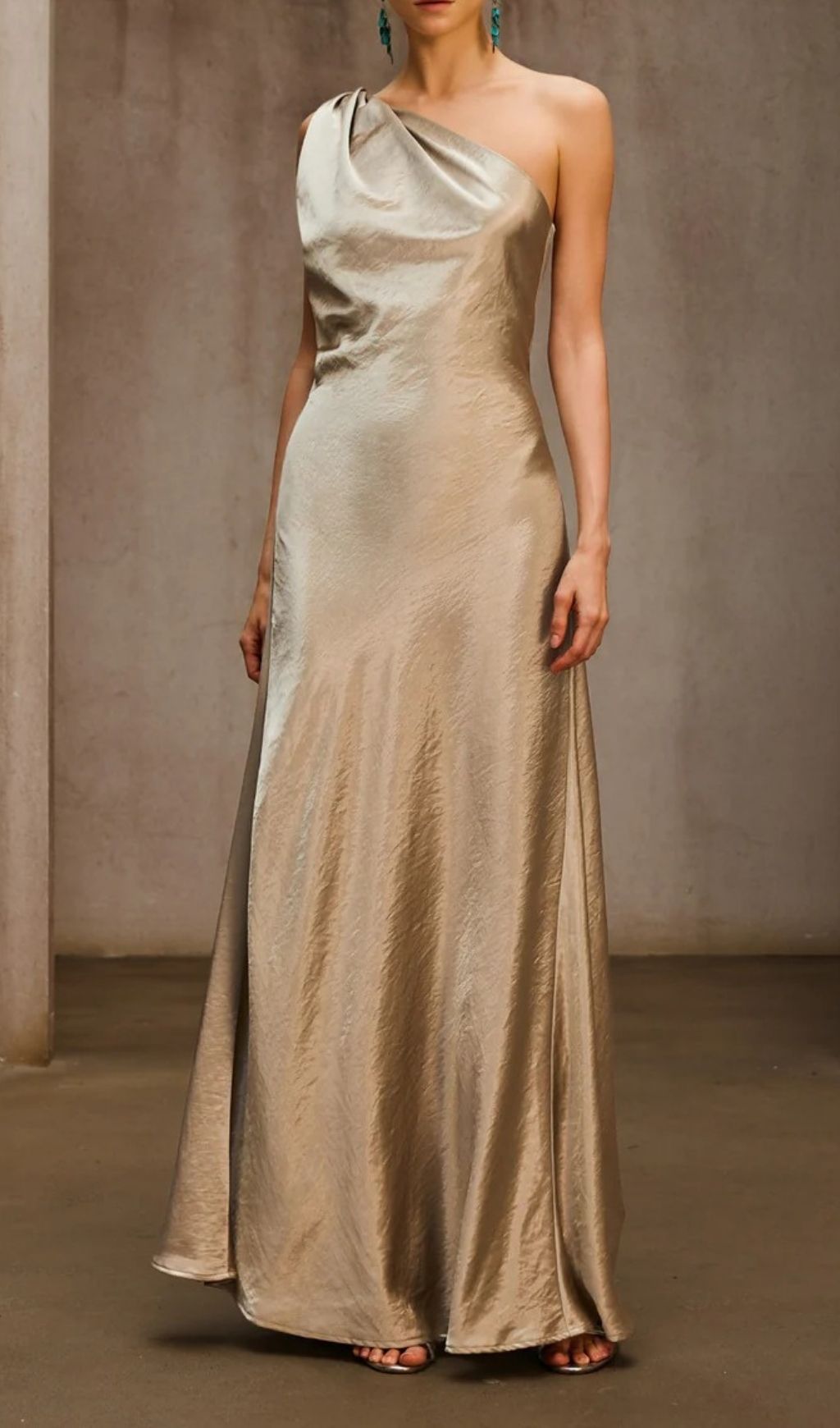 Phaelion Champagne One Shoulder Maxi Dress