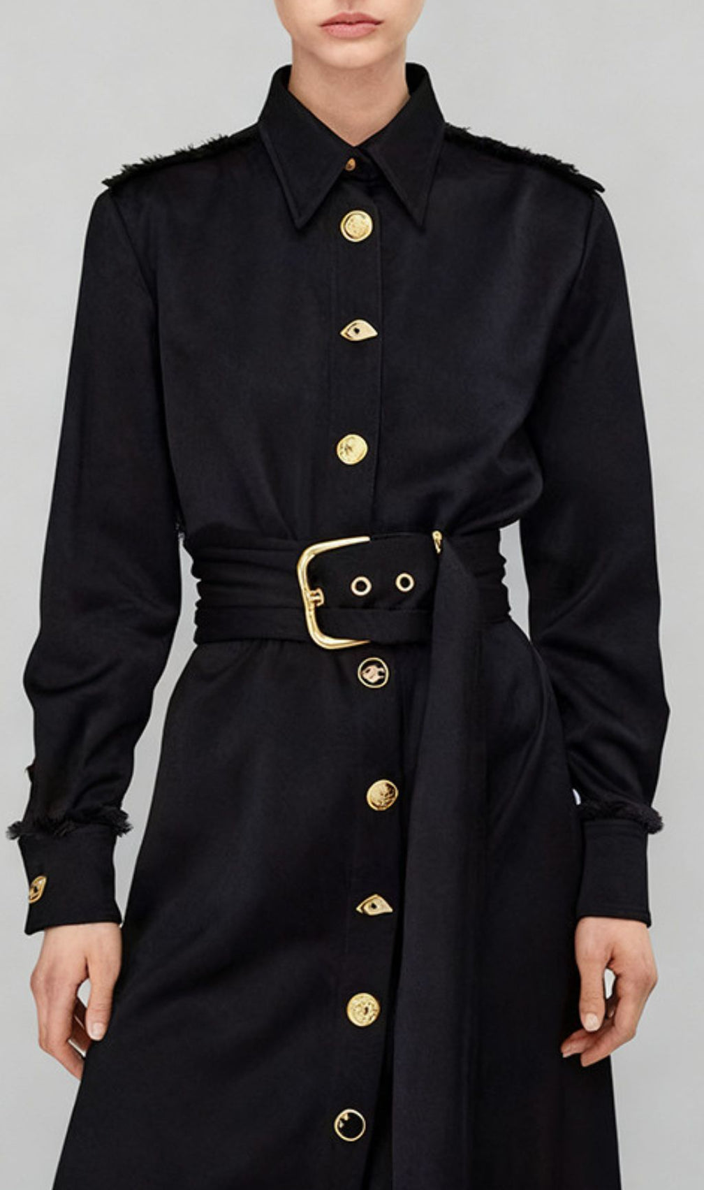 Ioannis Commander Black Belted Maxi Shirtdress with Gold Hardware
