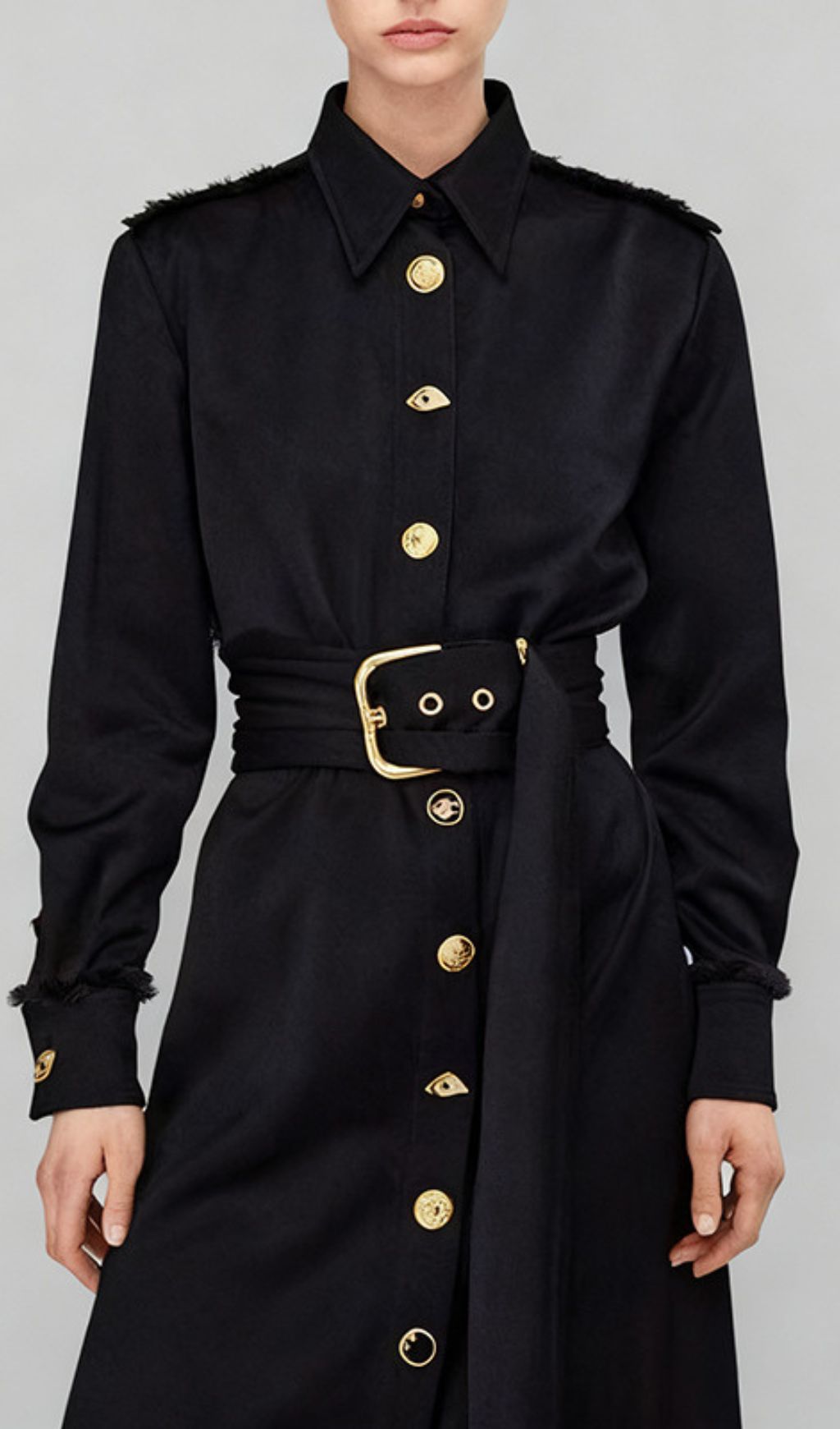 Ioannis Commander Black Belted Maxi Shirtdress with Gold Hardware