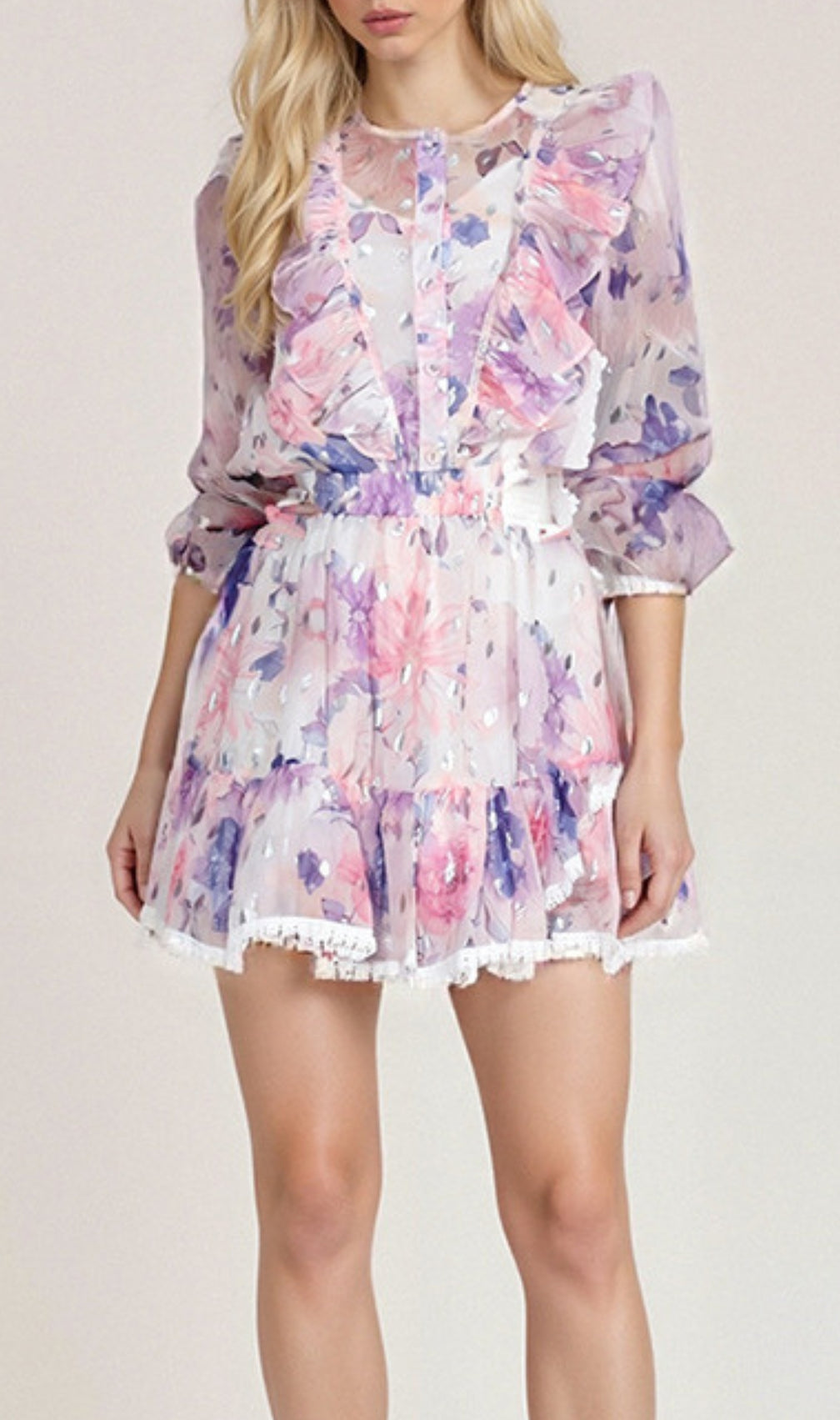 Elvina Purple Ruffle Printed Skirt Set