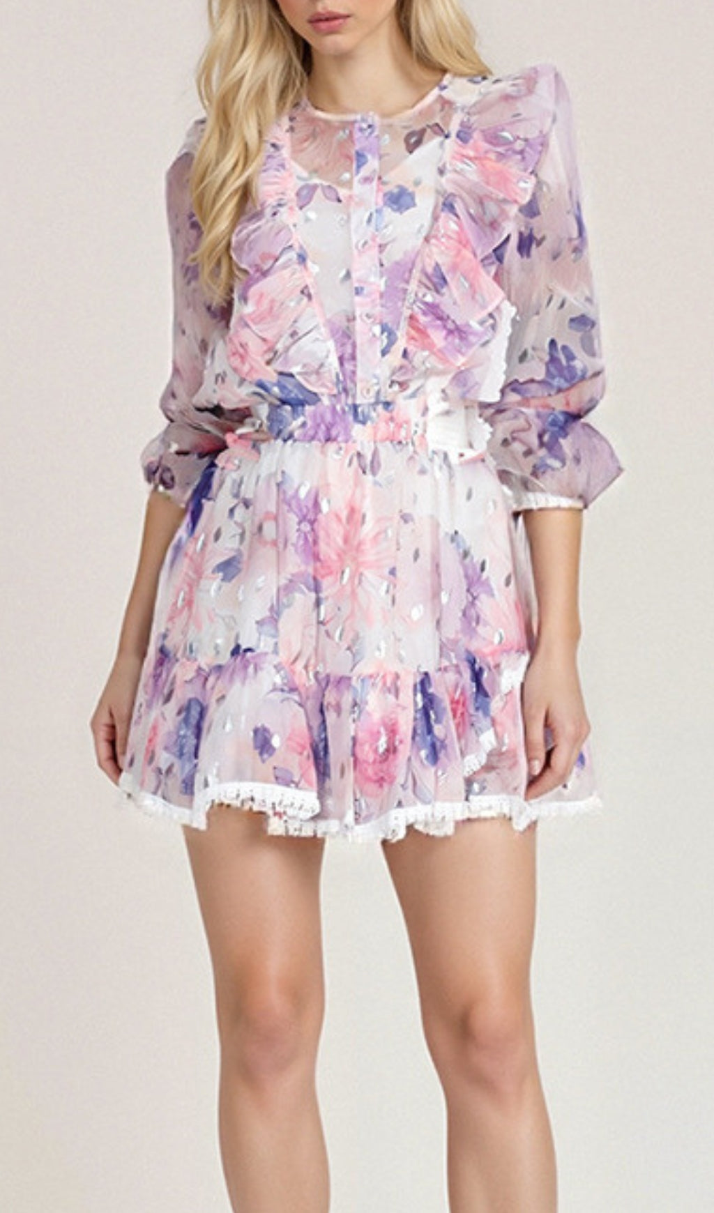 Elvina Purple Ruffle Printed Skirt Set