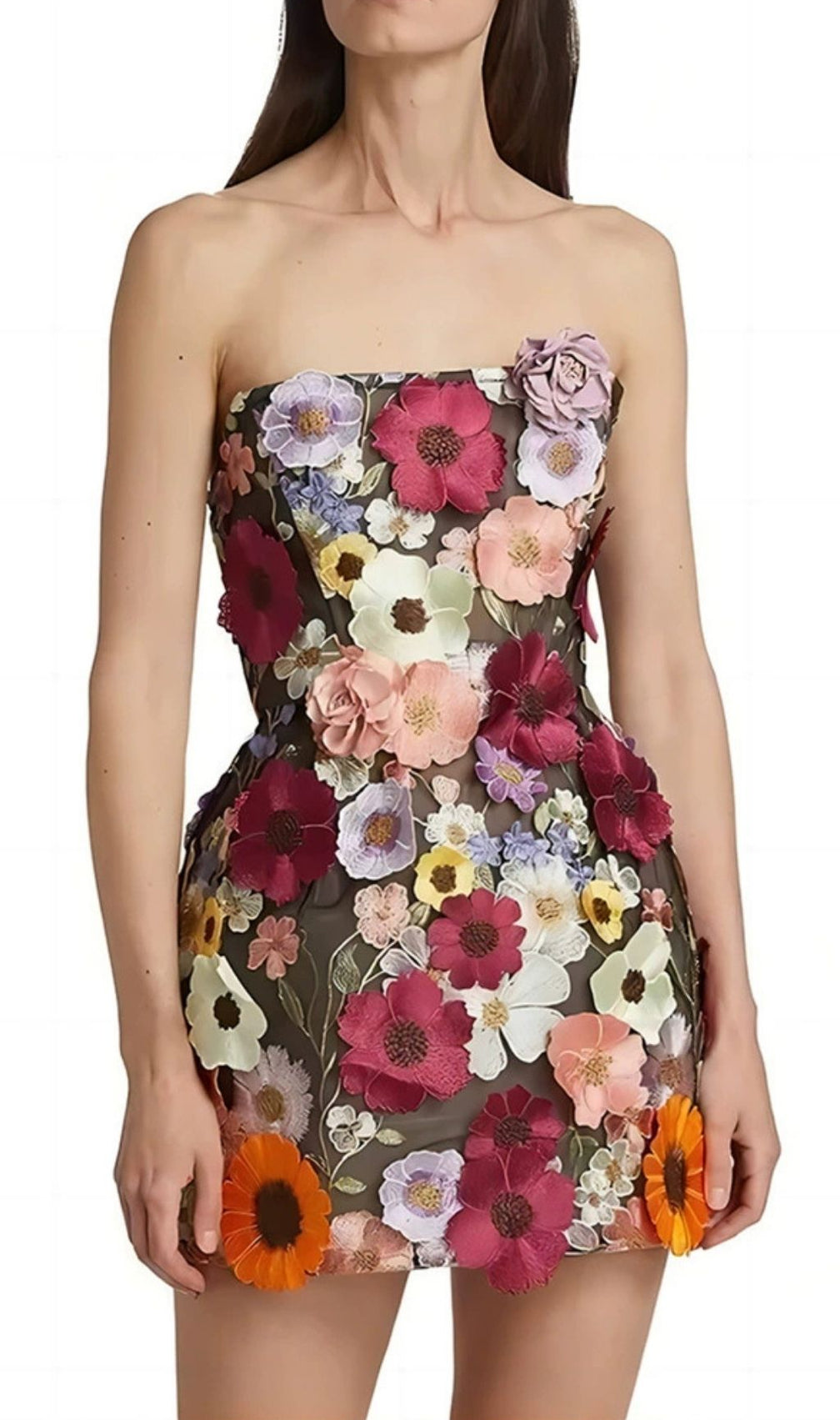 Laasya Black Strapless Flower Embroidery Mini Dress