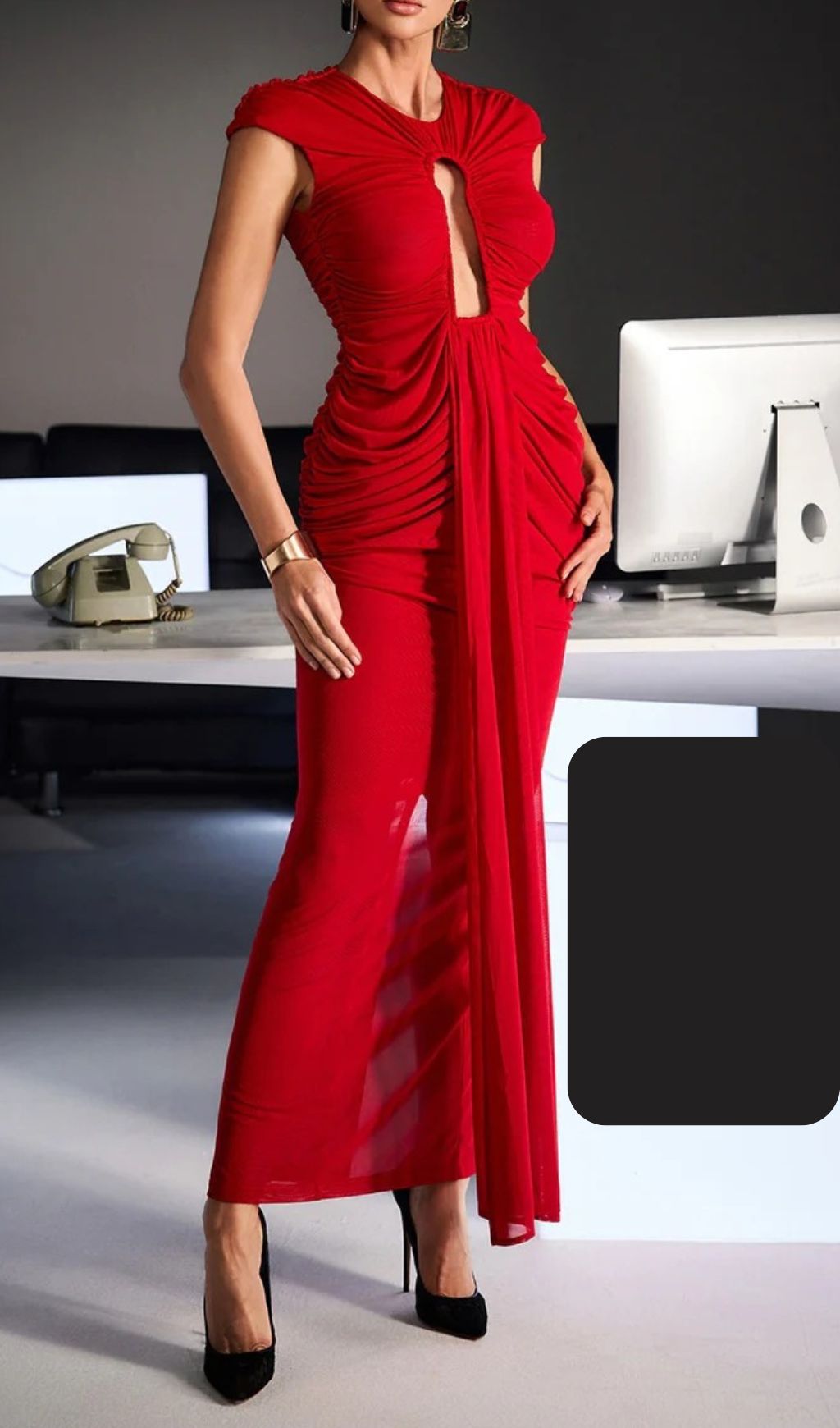 Drosyne Red Keyhole Cutout Ruched Maxi Dress | Elegant Evening Gown
