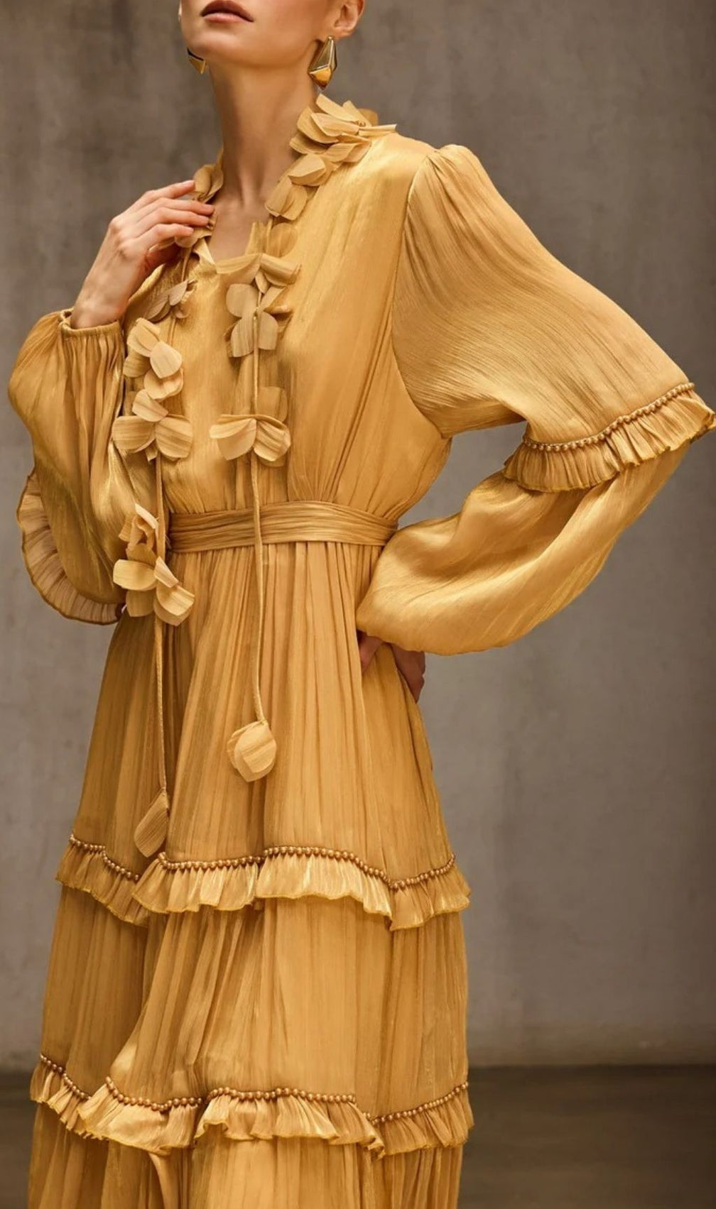 Dzon Luxe Golden Tiered Midi Dress with 3D Floral Appliques & Ruffles