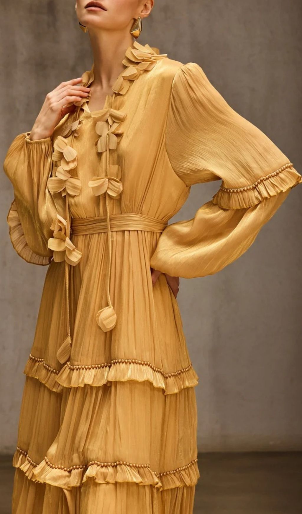 Dzon Luxe Golden Tiered Midi Dress with 3D Floral Appliques & Ruffles