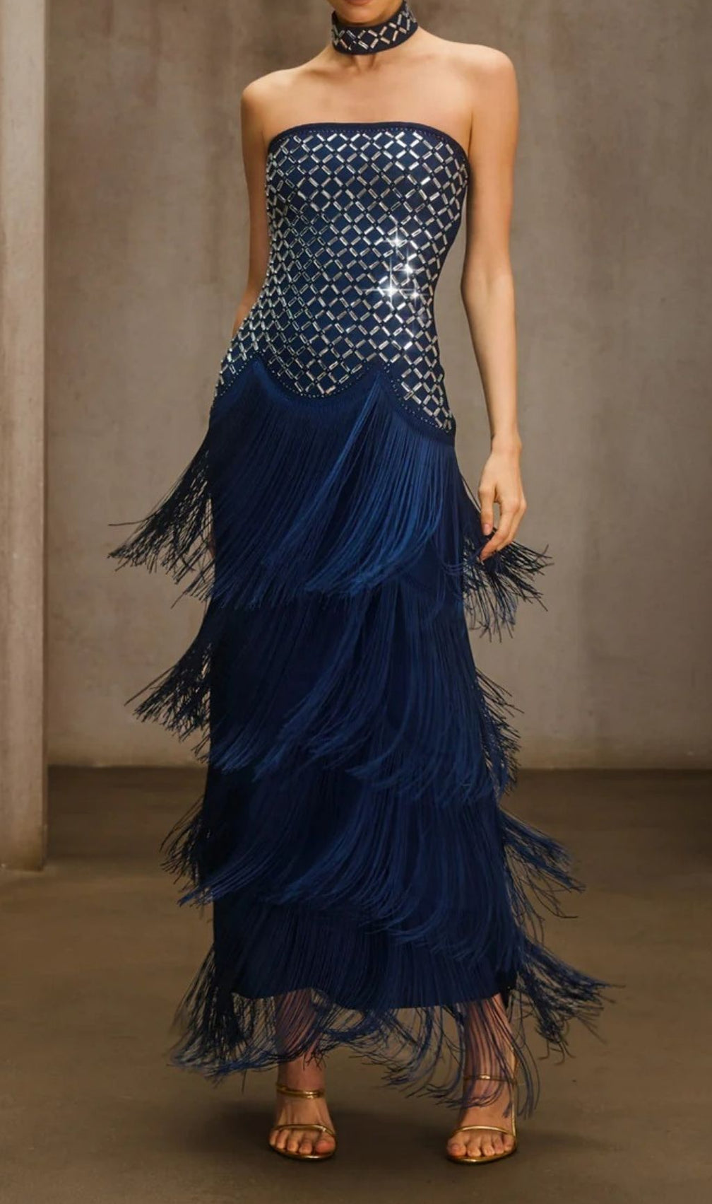 Dunlap Glamorous Navy Strapless Rhinestone Fringe Maxi Dress