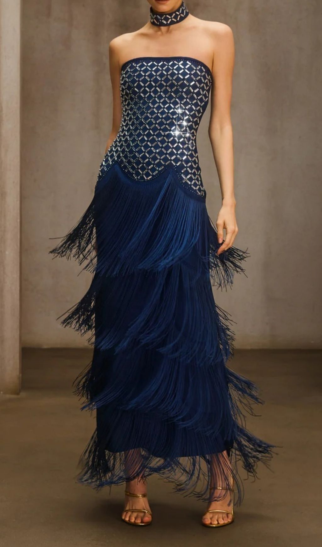 Dunlap Glamorous Navy Strapless Rhinestone Fringe Maxi Dress