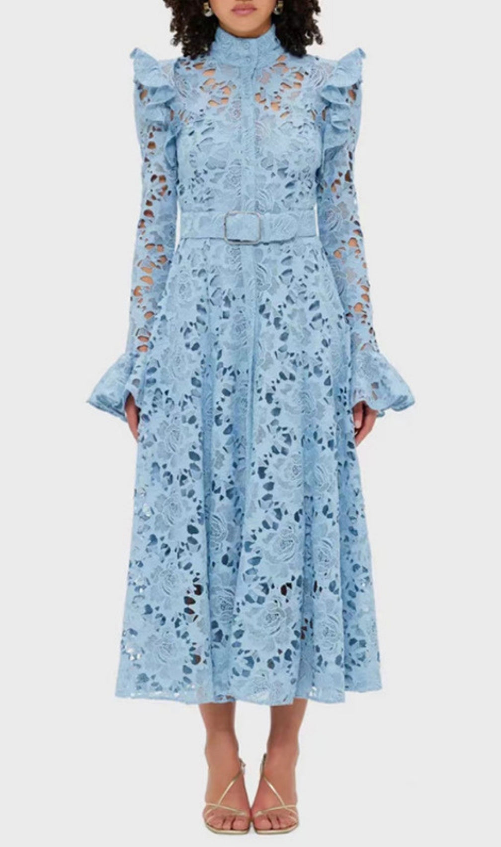 Elea Blue Embroidery Long Sleeve Midi Dress