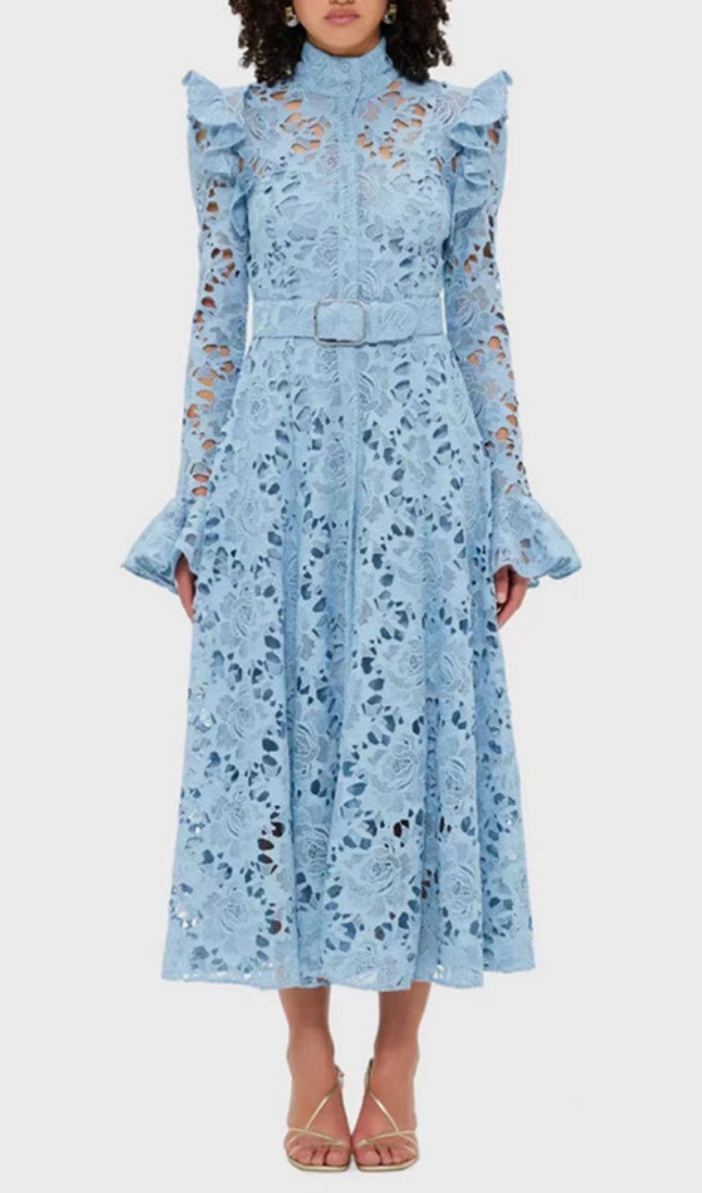 Elea Blue Embroidery Long Sleeve Midi Dress