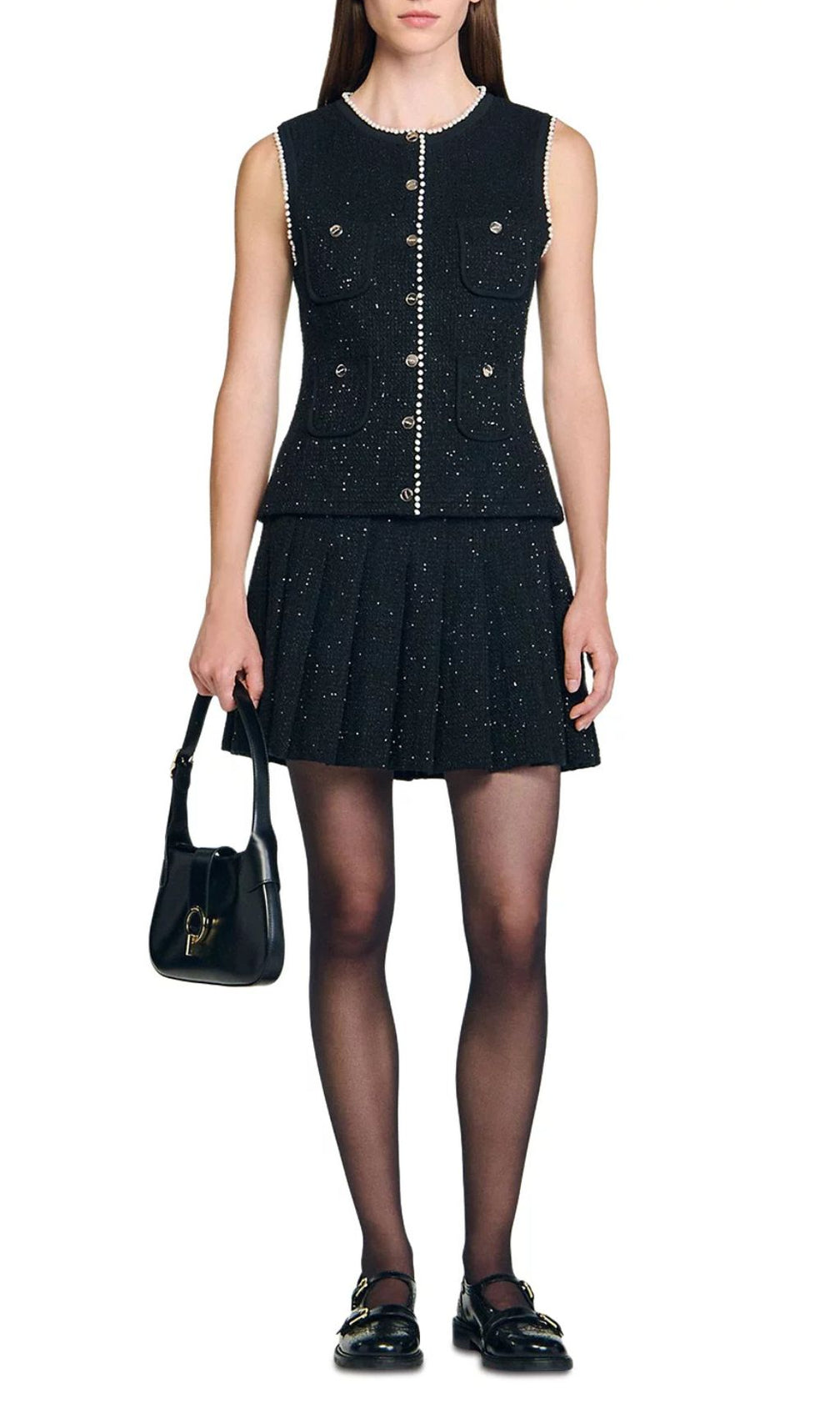 Chic Black Sparkle Tweed Sleeveless Vest Top with Pearl Buttons
