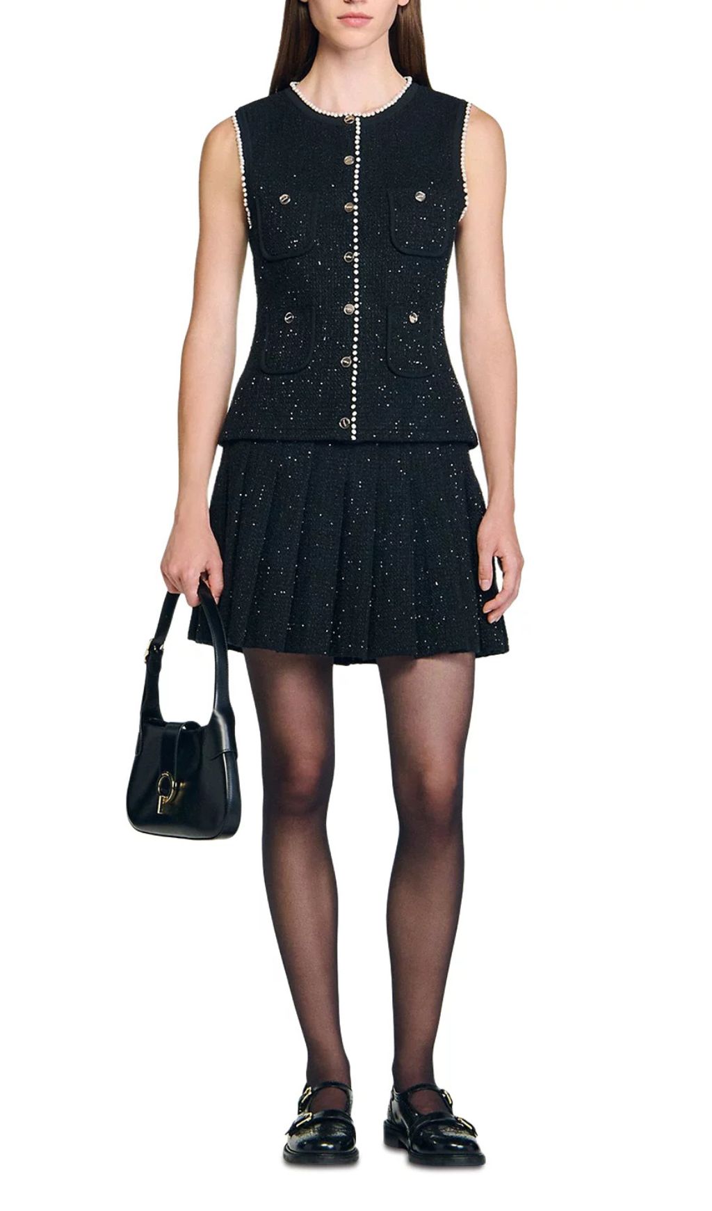 Chic Black Sparkle Tweed Sleeveless Vest Top with Pearl Buttons