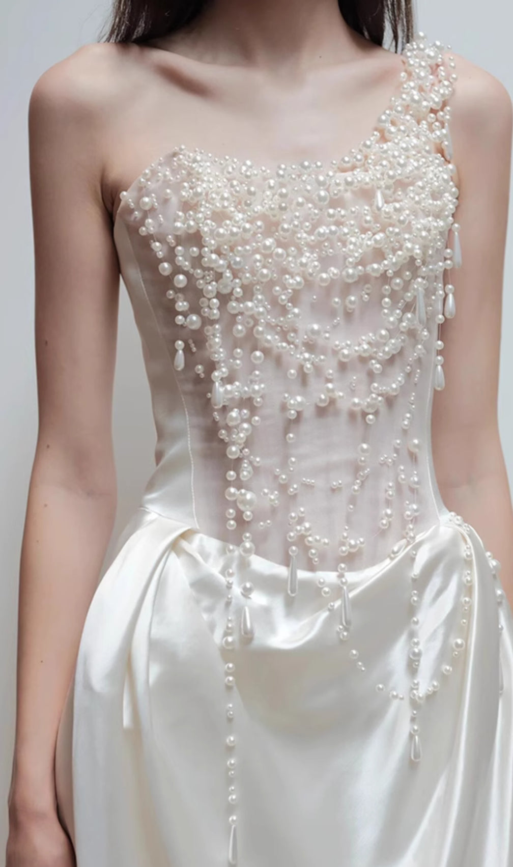 Cali White Pearl One-Shoulder Wedding Dress