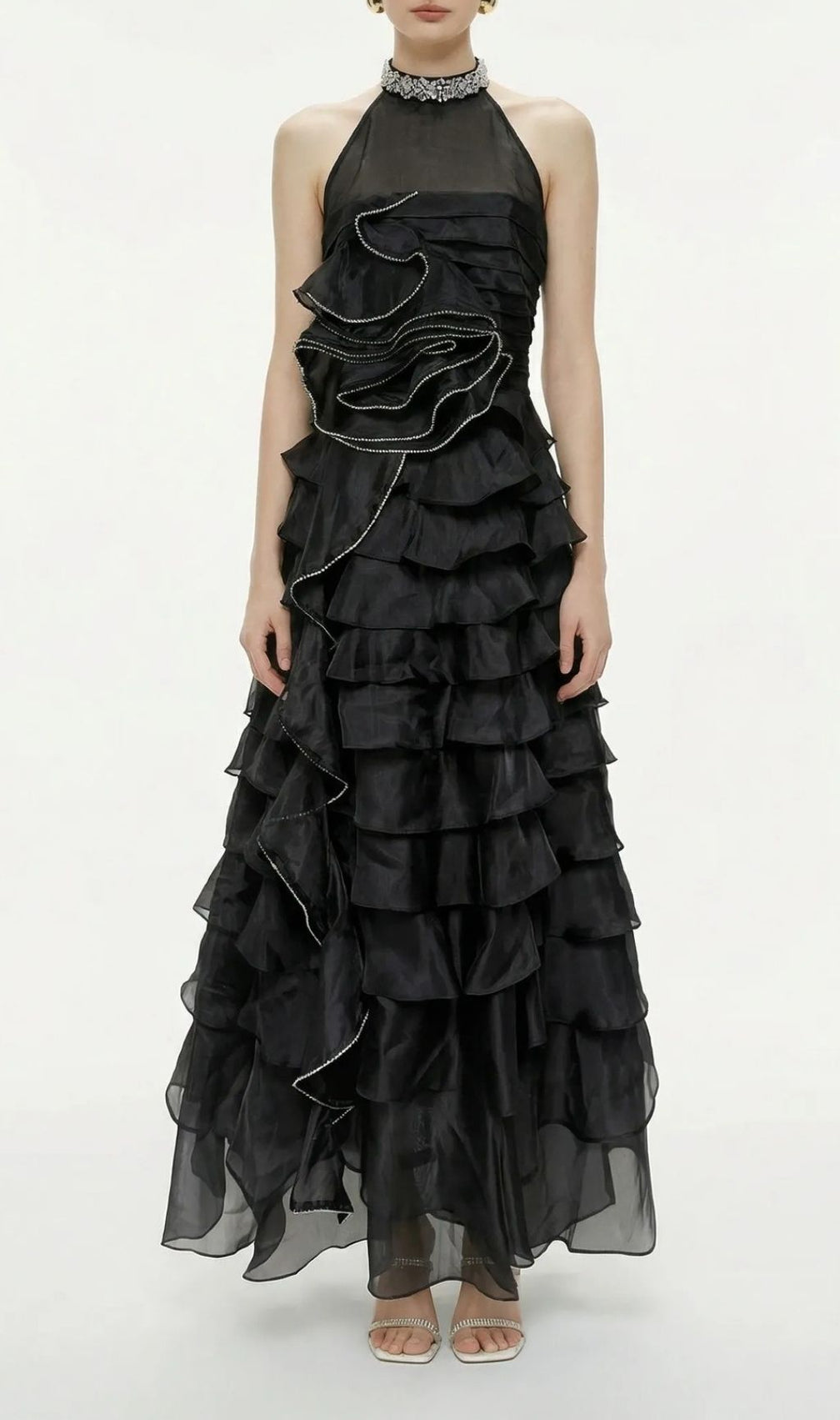 Karinda Diamante Halter Ruffled Maxi Gown - Show-Stopping Formal Dress
