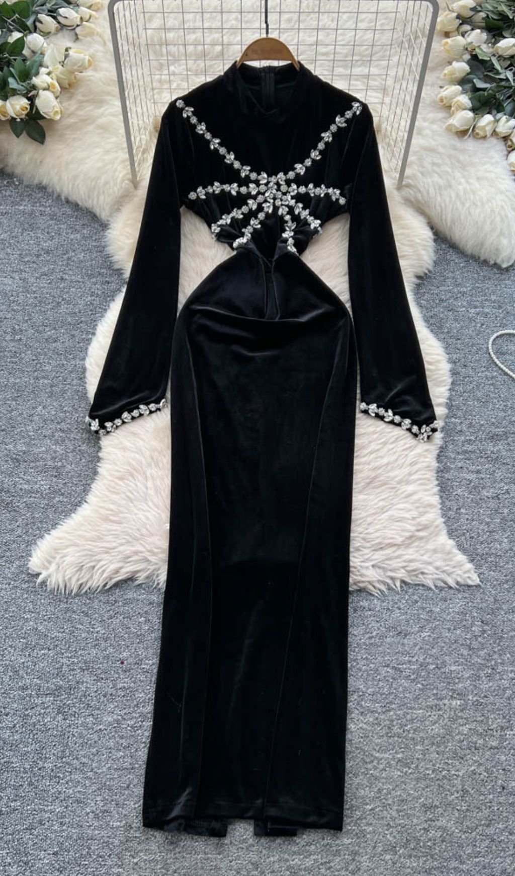 Isanne Velvet & Diamante Long Sleeve Maxi Dress - Your Dazzling Gala & Holiday Essential